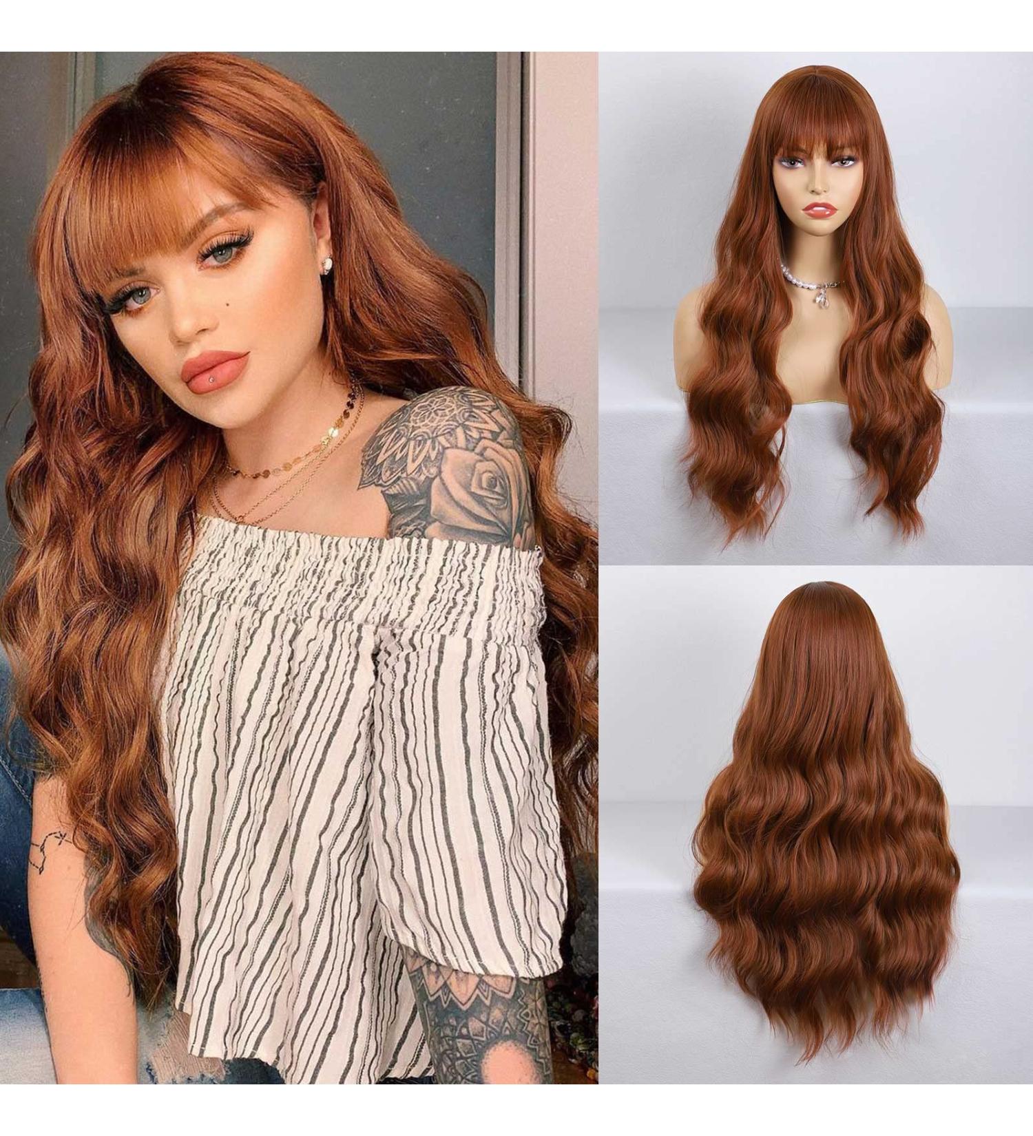 HANYUDIE Auburn Wig with Bangs - Long Wavy Wig for Women, Cosplay and Heat Resistant Synthetic Auburn Wigs - Ginger Color - Buy Online on GoSupps.com