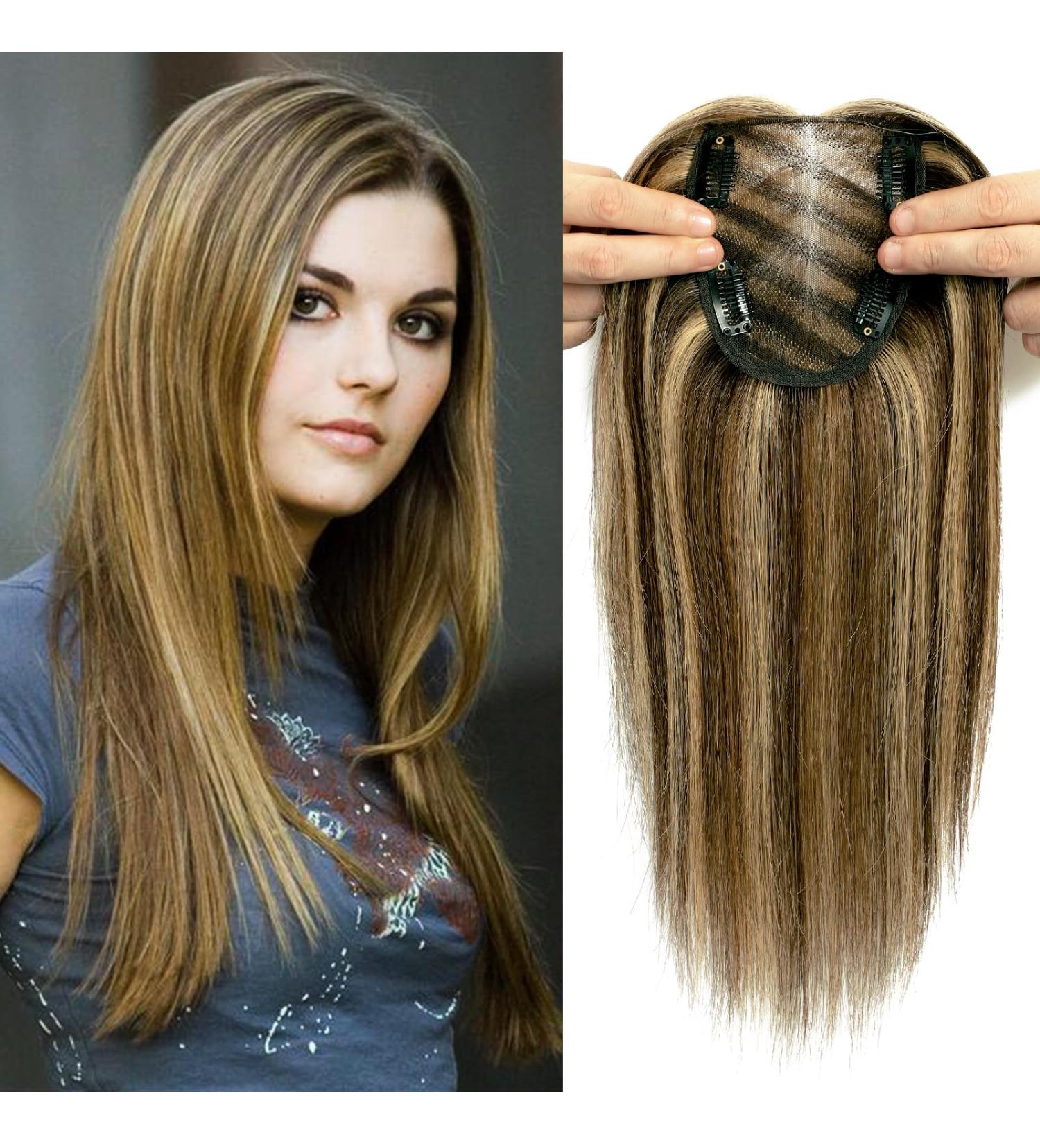 Real Hair Blonde Hair Topper for Thinning Hair Women - 12 Medium Brown Mix Blonde - Silk Base Human Hair - 10x12cm - Buy Online on GoSupps.com