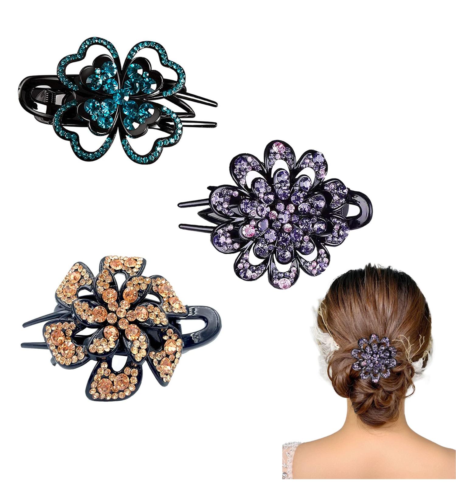 Crystal Flower Rhinestone Hair Claw Clips Set - Mother's Day Bling Wedding Barrettes for Thick Long Hair - 3Pcs - Buy Online on GoSupps.com