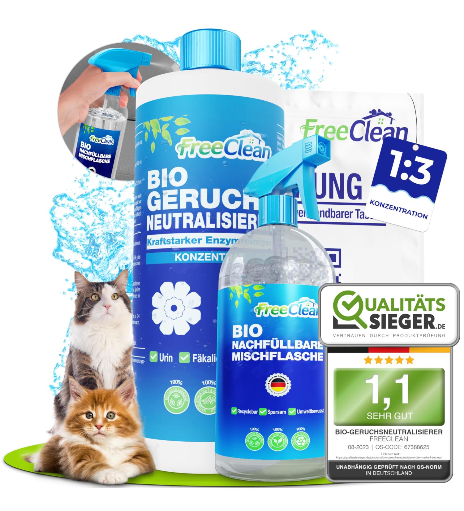 FreeClean Bio Ruchs Neutralizer Concentrate 1000ml - Extra Strong Enzyme Cleaner for Cats | Highly Concentrated Odor Remover & Textile Freshener | Made in Germany - Buy Online on GoSupps.com