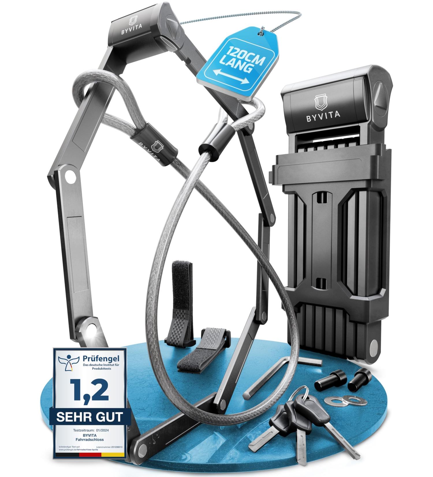 Byvita High Security Folding Bicycle Lock 120cm with Cable & Bracket - Ideal for Bicycles & E-Scooters - Buy Online on GoSupps.com