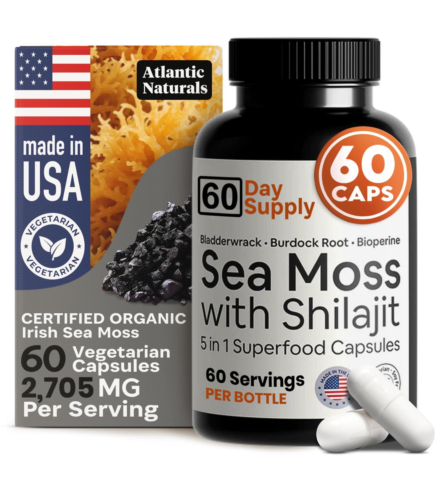 Atlantic Naturals Sea Moss and Shilajit Capsules 5-in-1 Seamoss Shilajit Combo with Bladderwrack Burdock Root & Black Pepper Sea Moss Supplements for Absorption & Vitality 2705 mg 60 Count Sea Moss with Shilajit 60  - Buy Online on GoSupps.com