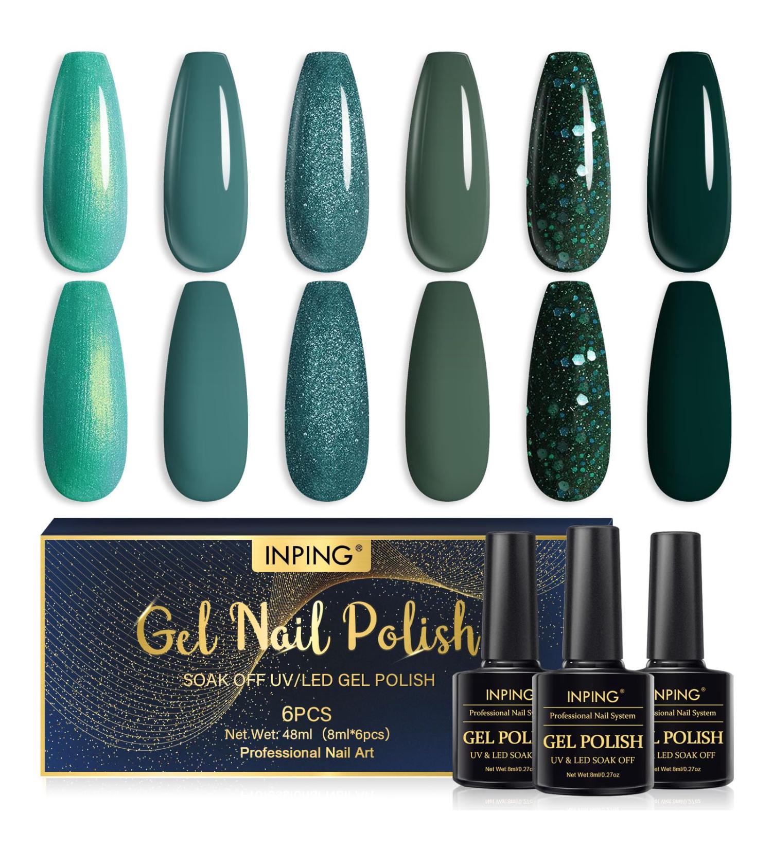 INPING 6-Piece Green Gel Nail Polish Set - Metallic & Sparkle Glitter Shades - Soak Off UV/LED - Nail Art Manicure Kit - Buy Online on GoSupps.com