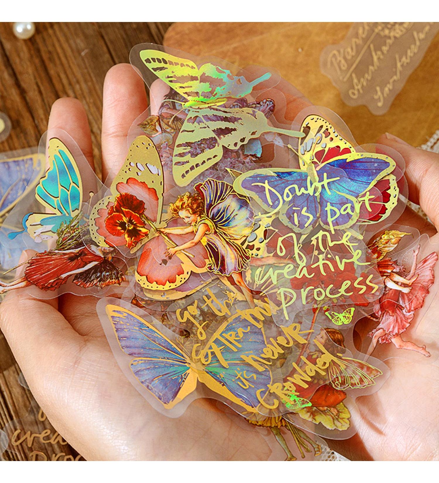 Aromoty Fairy Gold foil Holographic Stickers Set(120 pieces with 4 Themes)-Resin Transparent Waterproof Stickers Butterfly Flower Vintage letter Planner Stickers for Scrapbook Junk Bullet Journals Laptop Water bottles De... - Buy Online on GoSupps.com