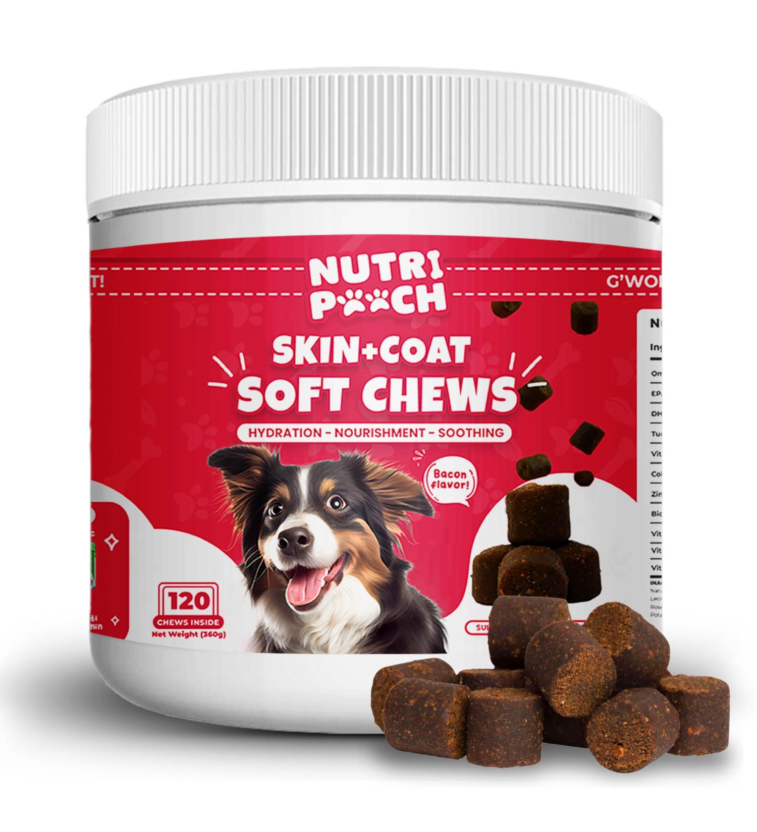 NutriPooch Skin And Coat Dog Supplements - 120 Dog Chews - UK Vet-Approved Allergy Relief for Dogs - Soft Dog Treats for Itchy Skin Shiny Coat Reduce Shedding with Omega 3 Biotin & Collagen - Buy Online on GoSupps.com