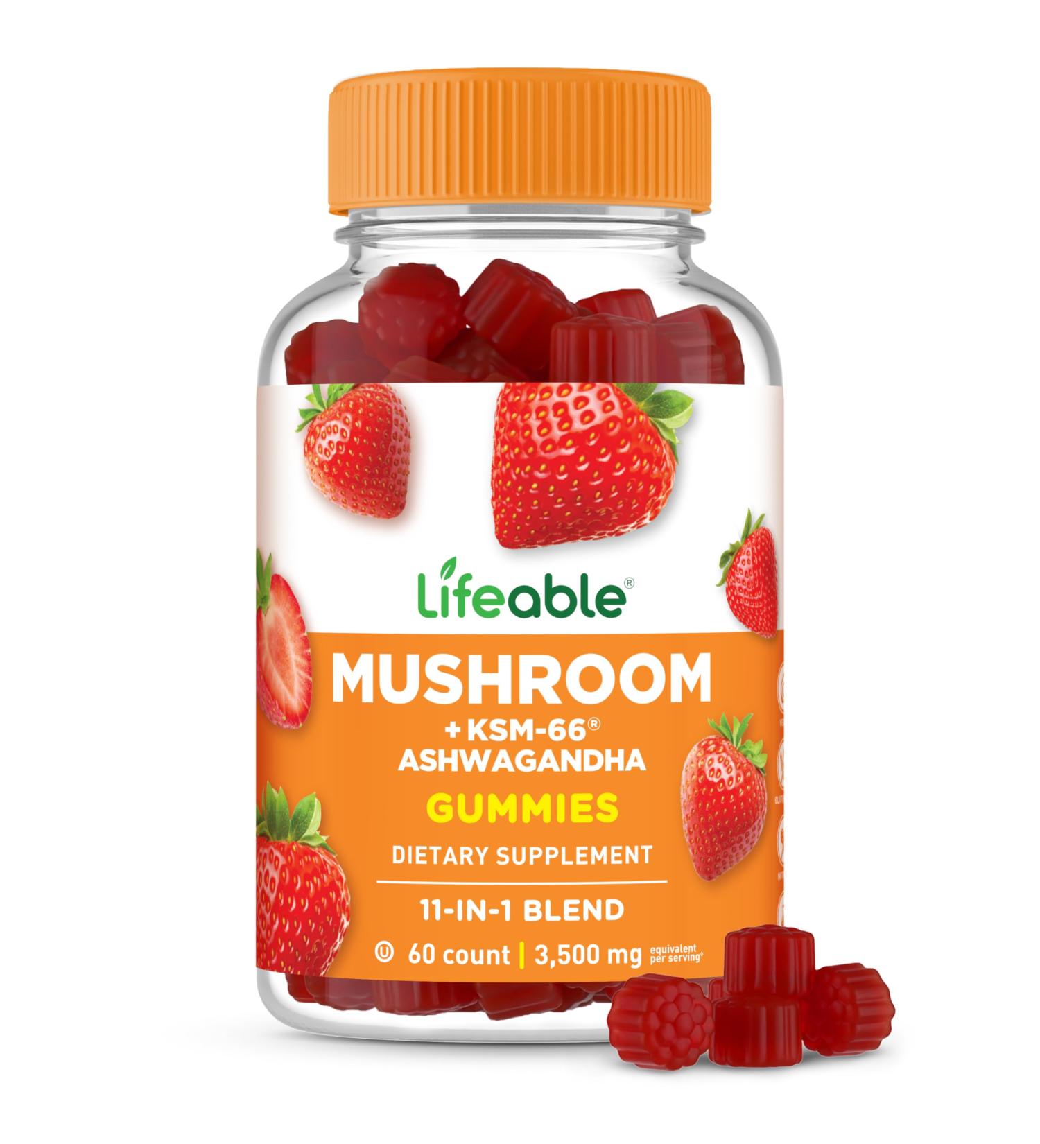 Lifeable Mushroom Gummies for Adults | 10 Mushroom Complex Blend with Ashwagandha KSM-66 | Vegan Kosher Non-GMO Mushroom Supplement Extract | Great Tasting Focus & Energy Support | 60 Gummies - Buy Online on GoSupps.com
