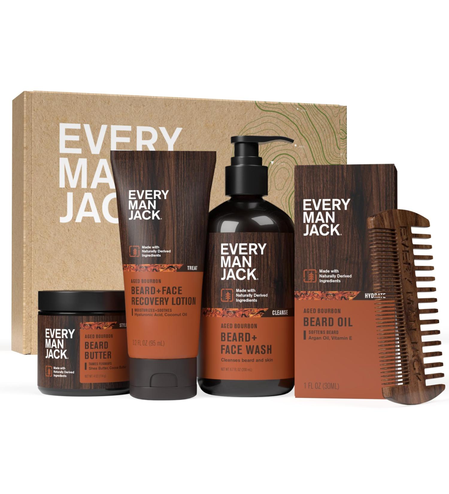 Every Man Jack Men's Aged Bourbon Beard Set - Complete Grooming Essentials: Beard Wash Lotion Oil Butter & Comb - Buy Online on GoSupps.com