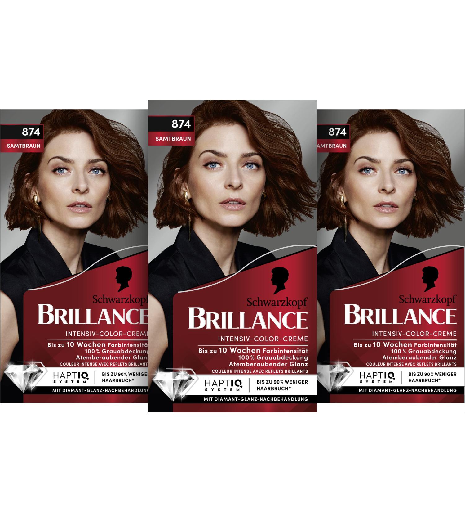 Brillance Intensive Color Cream 874 Velvet Brown - Permanent Hair Color with Diamond Gloss & Conditioner (3-Pack) | Long-Lasting 10 Weeks Color Intensity - Buy Online on GoSupps.com