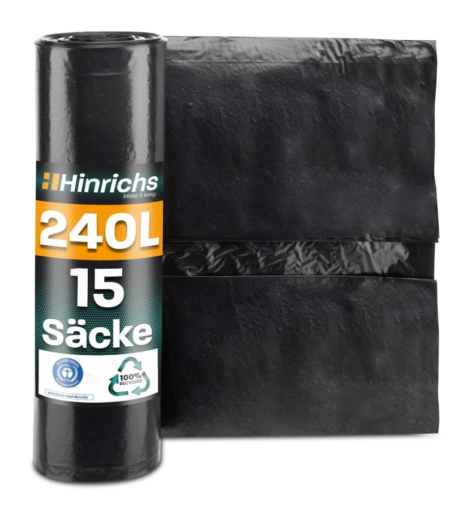 Hinrichs 240L Extra Strong Garbage Bags - 15 Rolls 100x125 cm | Tearproof Recycling LDPE Waste Bags for Garden Household & Construction - Buy Online on GoSupps.com
