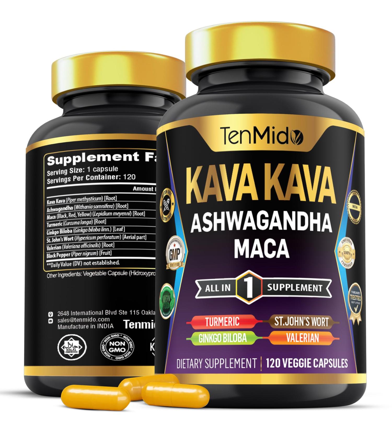 Tenmido Kava Kava Root Supplement - 8in1 Formula - Combine with Ashwagandha Maca Turmeric Ginkgo Biloba St. John's Wort Valerian & Black Pepper - 120 Vegan Capsules 4 Months Supply - Buy Online on GoSupps.com