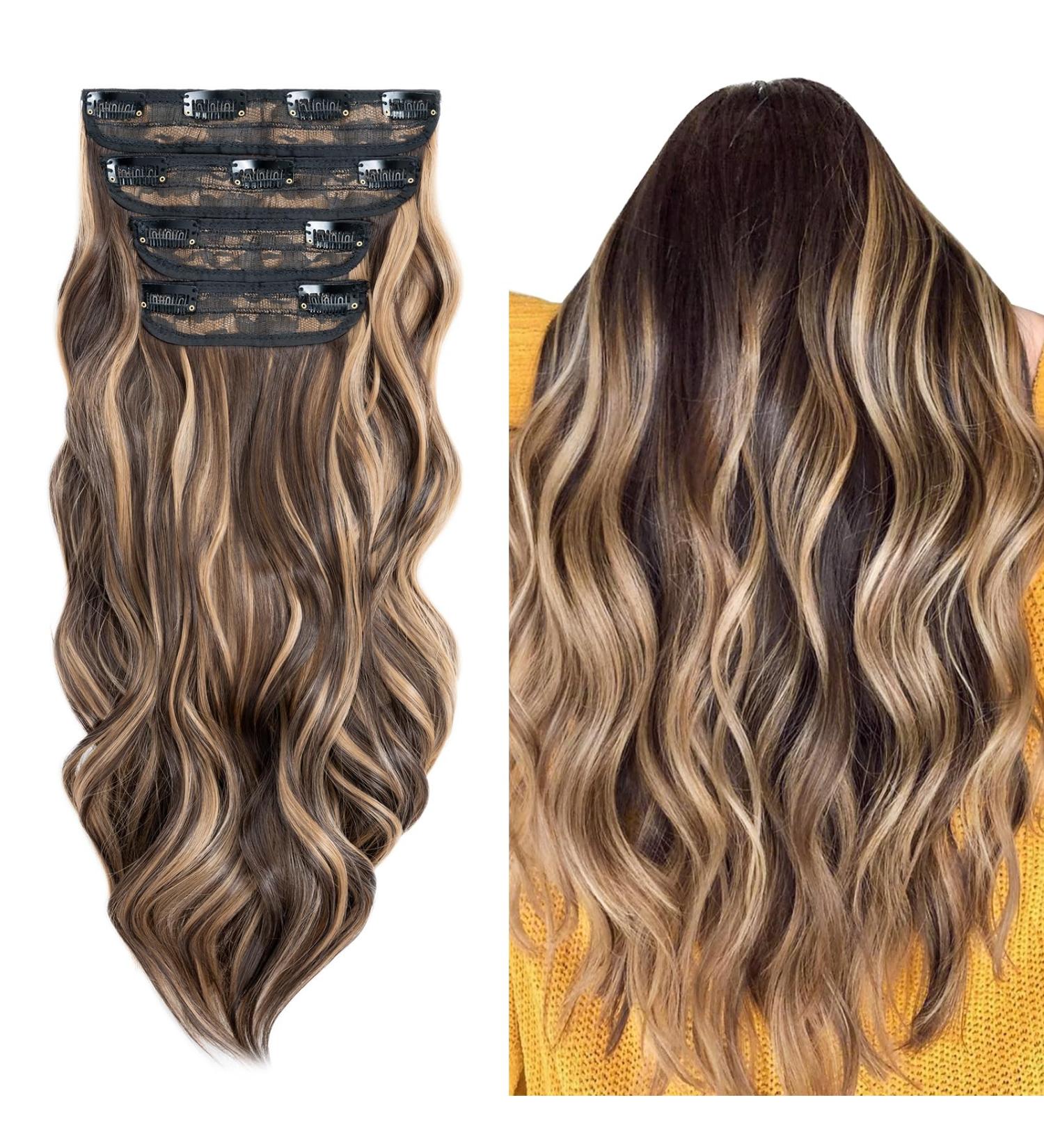 4PCS-11Clips Curly Synthetic Hair Extensions 22 Inches - Light Brown mix Golden Brown - Women's Wavy Hair Pieces - Buy Online on GoSupps.com