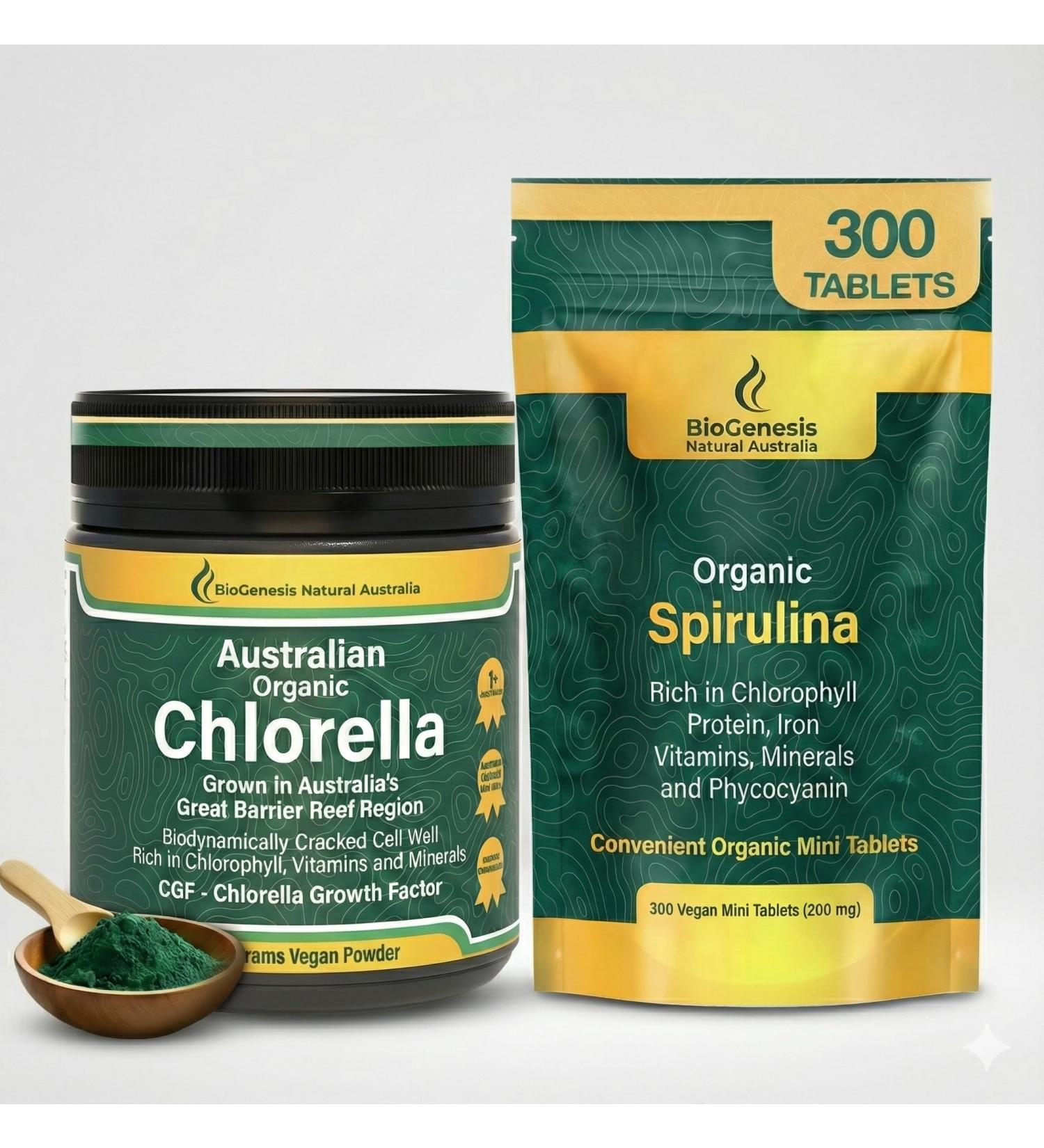 Biogenesis BioDynamic Australian Algae Set Australian Grown Spirulina Mini Tablets (300 Count) & Chlorella Powder (200g) Vegan BioDynamic Algae for Energy Immunity & Detox Rich in Chlorophyll & - Buy Online on GoSupps.com