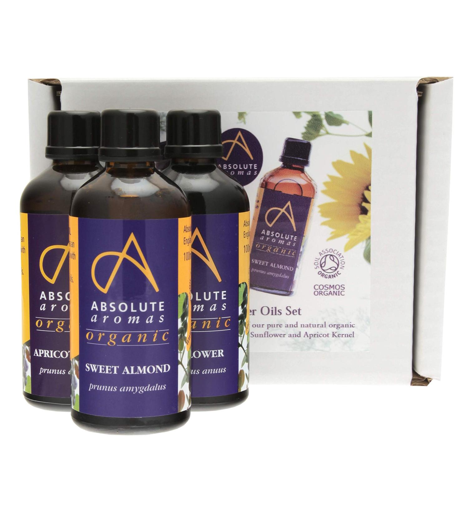 Organic Carrier Oils Set - Sweet Almond, Sunflower, Apricot Kernel - 3 x 100ml Glass Bottles | Absolute Aromas - Buy Online on GoSupps.com