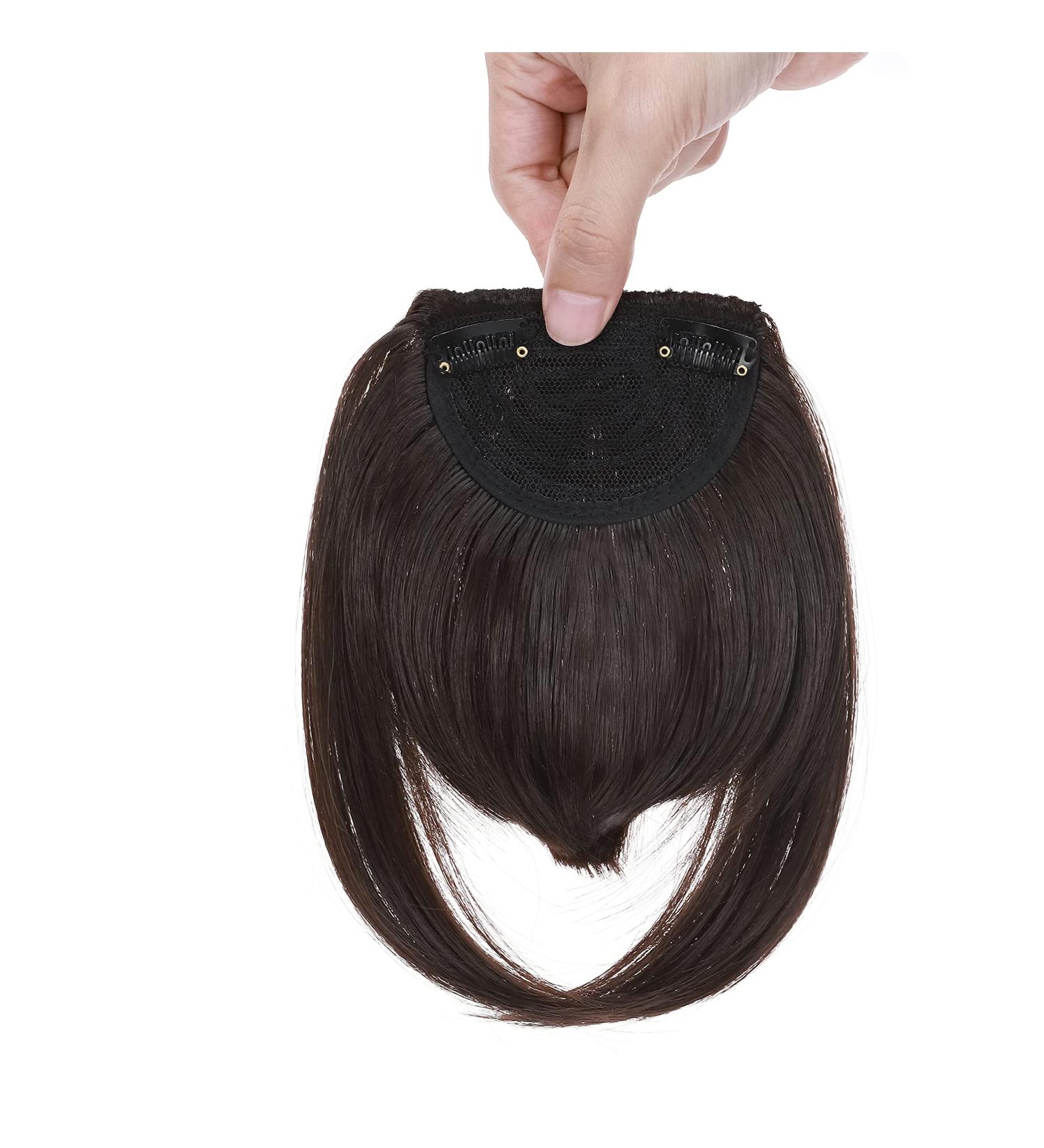 Dark Brown Clip In Bangs Hair Extensions - Thick Straight Fringe, 2 Clips, One Piece Neat Front Full Bangs for Women - Buy Online on GoSupps.com