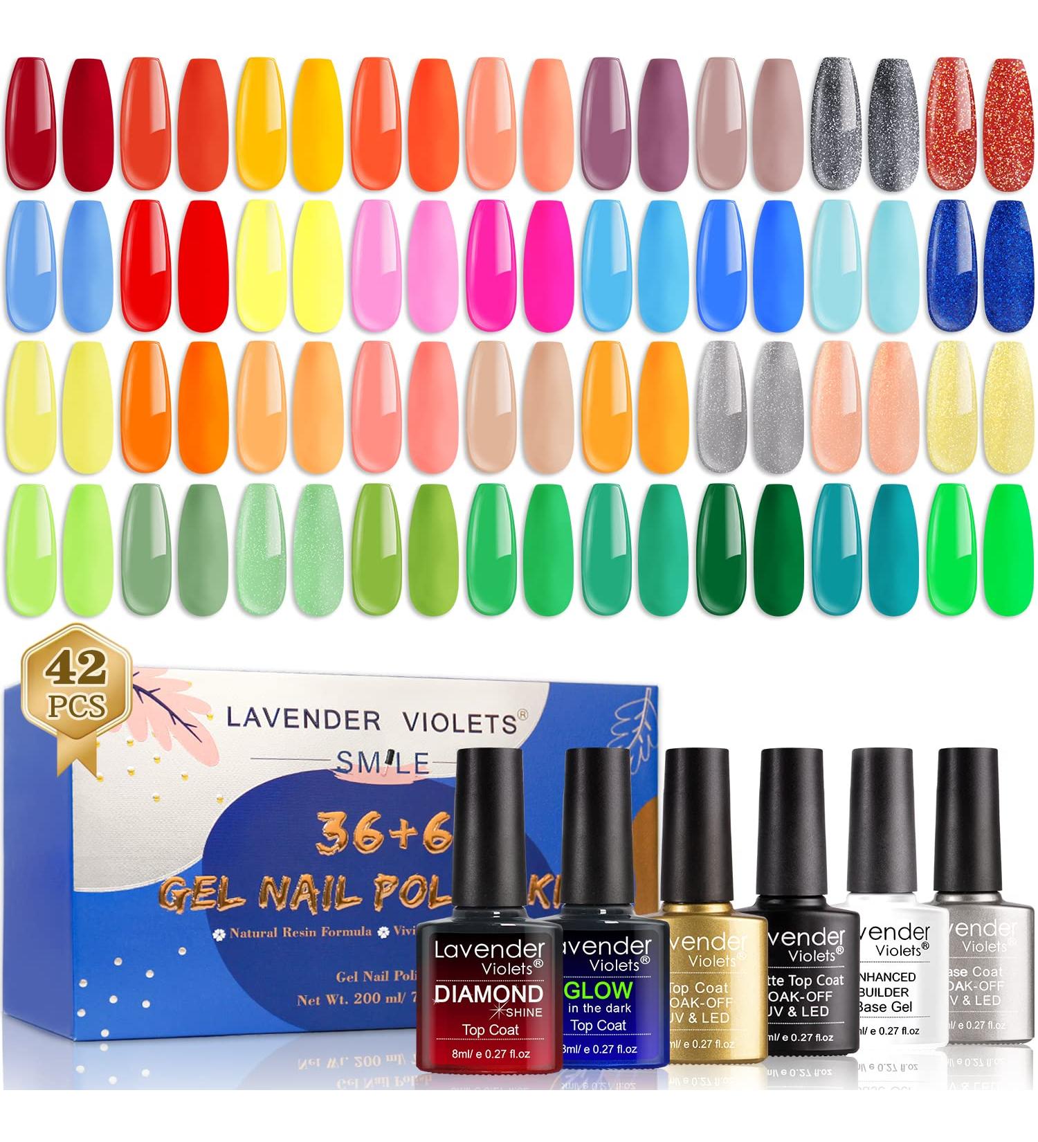 Lavender Violets 42 Piece Gel Nail Polish Set with Fluorescent Finish - UV/LED Soak-Off Formula - Includes Glossy, Matte, Diamond, and Glow in the Dark Top Coats - Full Range Shades - C955 Sunflowers - Buy Online on GoSupps.com