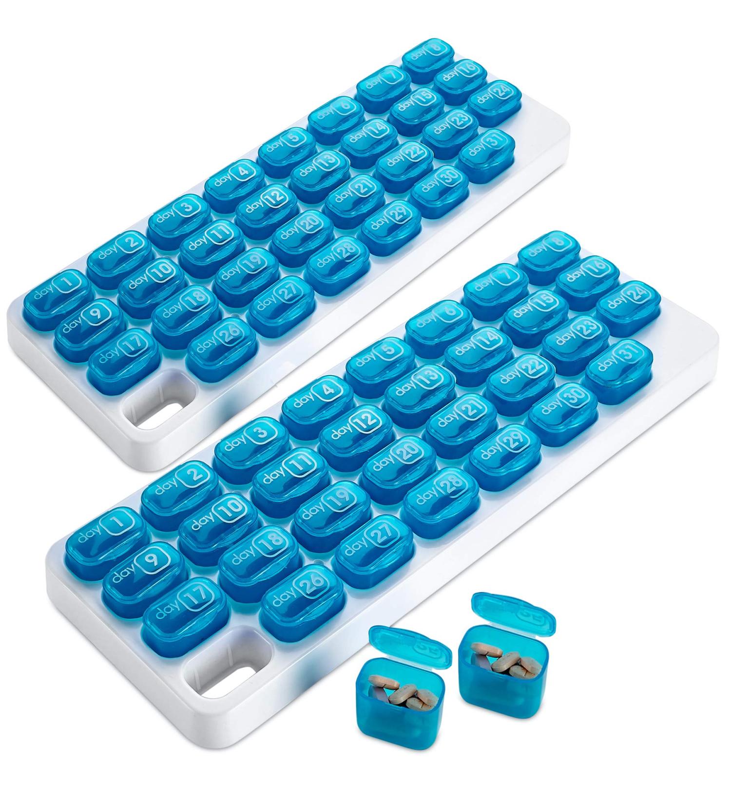 Monthly Pill Organizer - Pack of 2 | 31 Day Medication Holder with Removable Pods | Portable Pill Case for Daily Vitamins & Travel - Blue - Buy Online on GoSupps.com