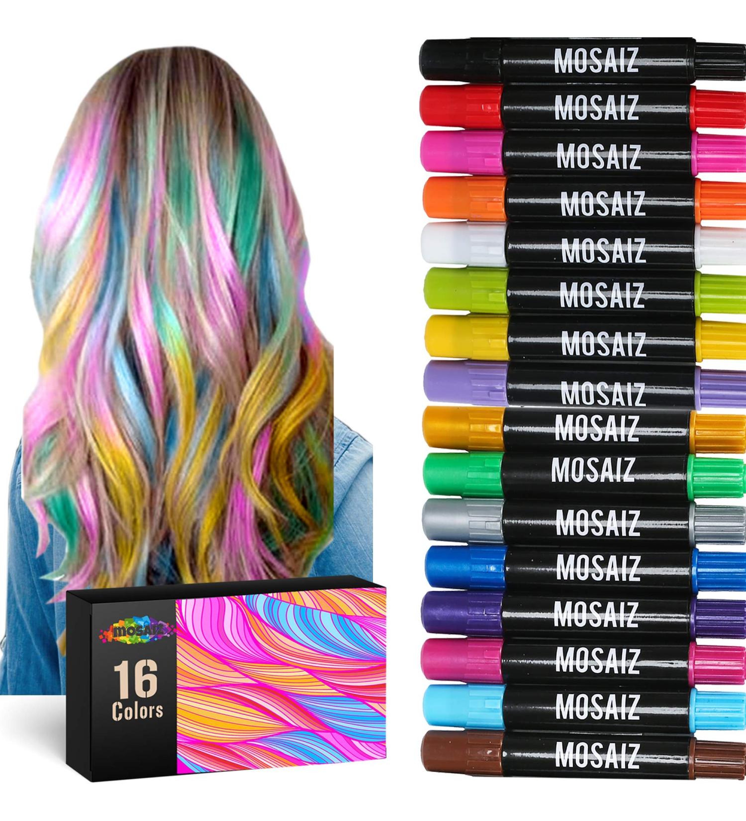 Mosaiz Hair Chalk 16 Pcs Pens - Washable Temporary Hair Color for Kids, Teens & Adults - 6 Metallic Colors - Birthday or St Patricks Day Gift - Buy Online on GoSupps.com