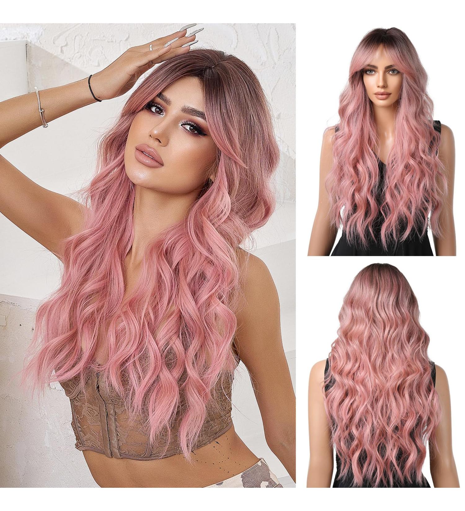 Ombre Pink Curly Wigs for Women | Heat-Resistant Long Synthetic Ponytail Hair - Perfect for Daily Wear Parties and Cosplay - Buy Online on GoSupps.com