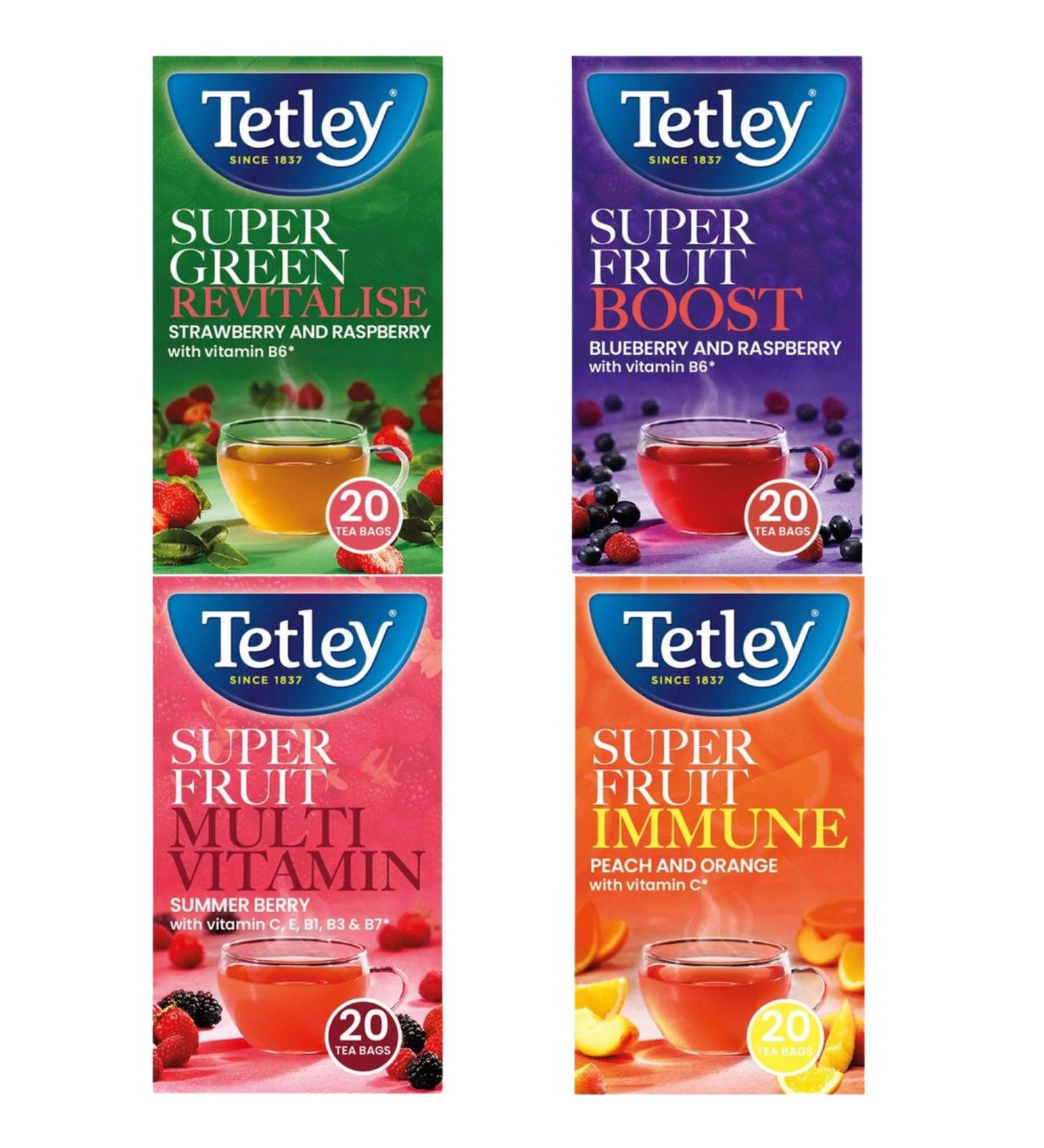 Tea Bundle Consisting of Tetley Super Fruit Tea Mixed Bundle - Peach & Orange Summer Berry Strawberry & Raspberry Blueberry & Raspberry 20 Per Pack (4 Pack) - Buy Online on GoSupps.com