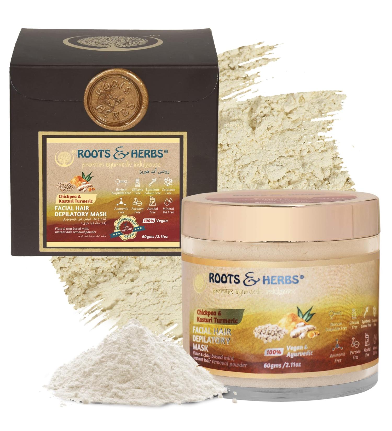 Chickpea & Kasturi Turmeric Facial Hair Removal Powder - Ayurvedic Depilatory Mask for Men & Women - Effective for Chin Jawline & Upper Lips - 2.11oz Roots & Herbs - Buy Online on GoSupps.com