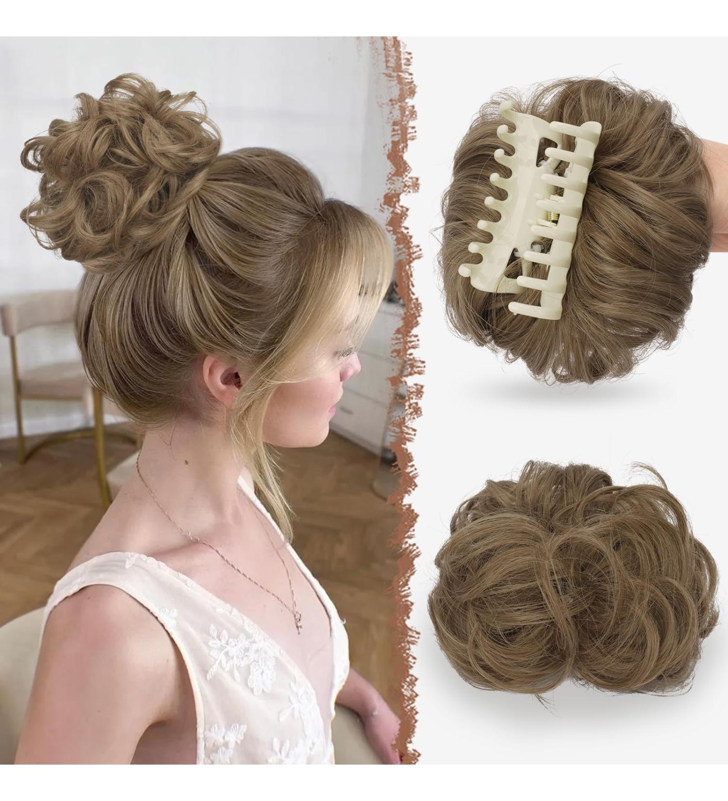 FESHFEN Claw Clip Messy Bun Hair Piece - Light Brown Mix Natural Blonde Curly Wavy Updo Chignon Scrunchie for Women - Buy Online on GoSupps.com