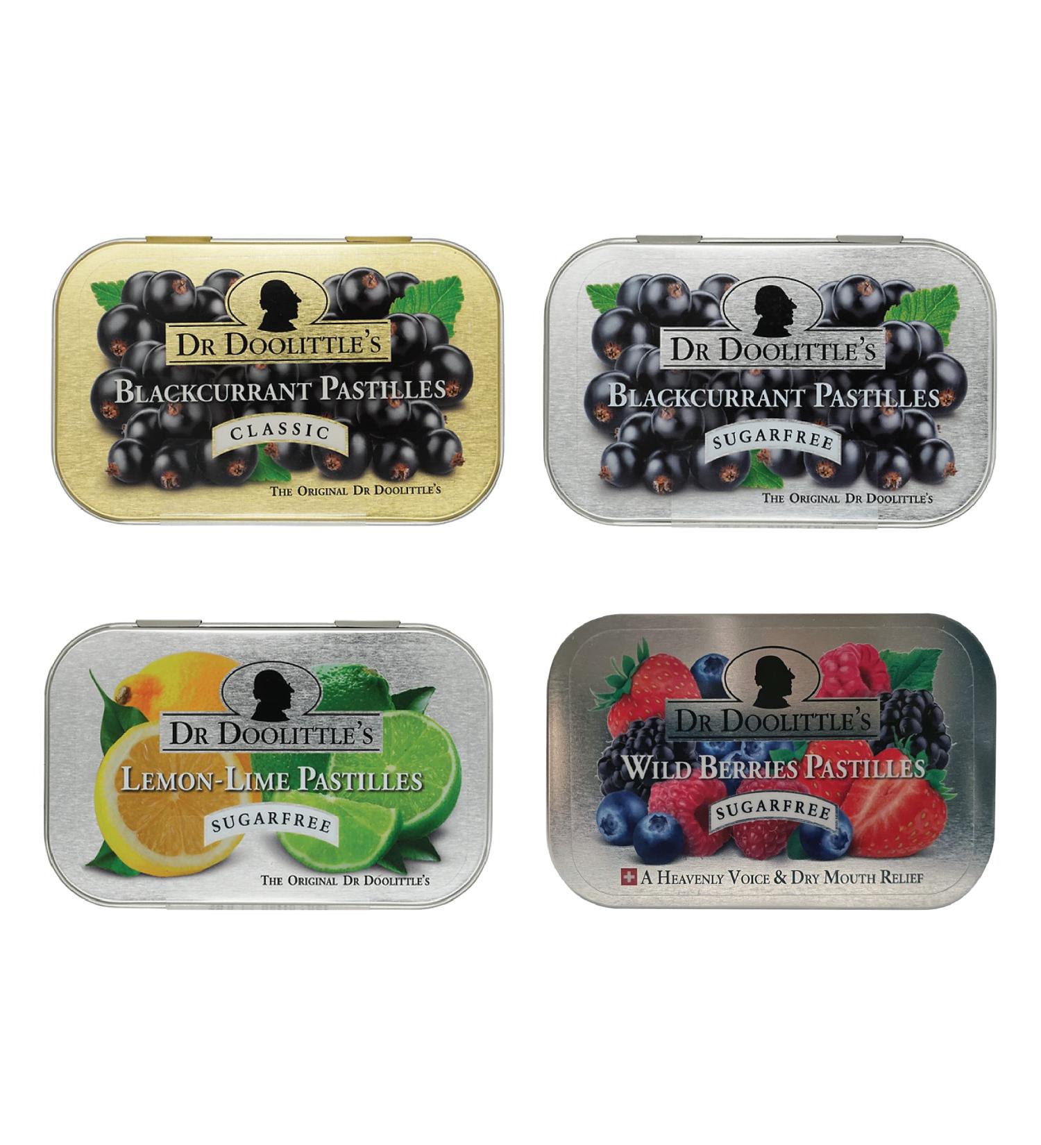 Dr. Doolittle s Soft Fruit Pastilles Sugar Variety Pack for Voice and Throat Blackcurrant Lemon Lime and Wild Berries 2.12 Ounce Tin approximately 25 Count Package 4 Pack - Buy Online on GoSupps.com