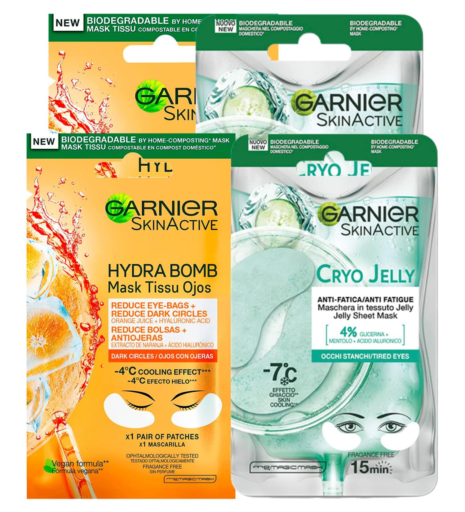 Garnier SkinActive Hydra Bomb Masque pour les yeux contre les cernes avec jus d'orange et acide hyaluronique 4 patchs + Masque pour les yeux Cryo Jelly effet anti- ge avec glyc rine et menthol 4 2 Bomb Hydra Orange + 2 x Cryo Jelly Anti--Fatica 2 unit (Lo - Buy Online on GoSupps.com