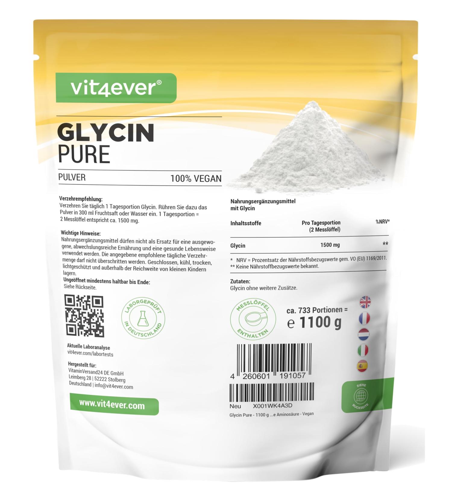 Glycine Pure 1100g - 100% Vegan Amino Acid Powder | Additive-Free & Laboratory Tested | Includes Measuring Spoon - Buy Online on GoSupps.com