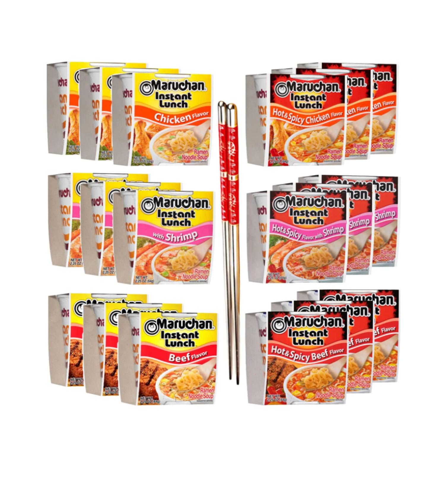 Ja Cor Instant Lunch Ramen Noodles Variety Pack- 6 Flavors: Chicken Beef Shrimp Hot and Spicy Chicken Beef Shrimp Cup Noodle Soup Bundle with 1-Set of Reusable Chopsticks(3 Each Flavor 18 Packs) - Buy Online on GoSupps.com