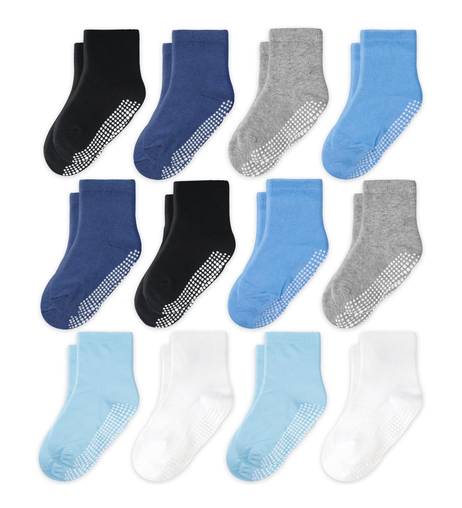 CozyWay Kids Non Slip Cotton Crew Socks - 12 Pairs, Boys Solid Colors w/ Light Blue, Anti Skid with Grips, for Children 1-3 Years, Toddler Boys & Girls - Buy Online on GoSupps.com