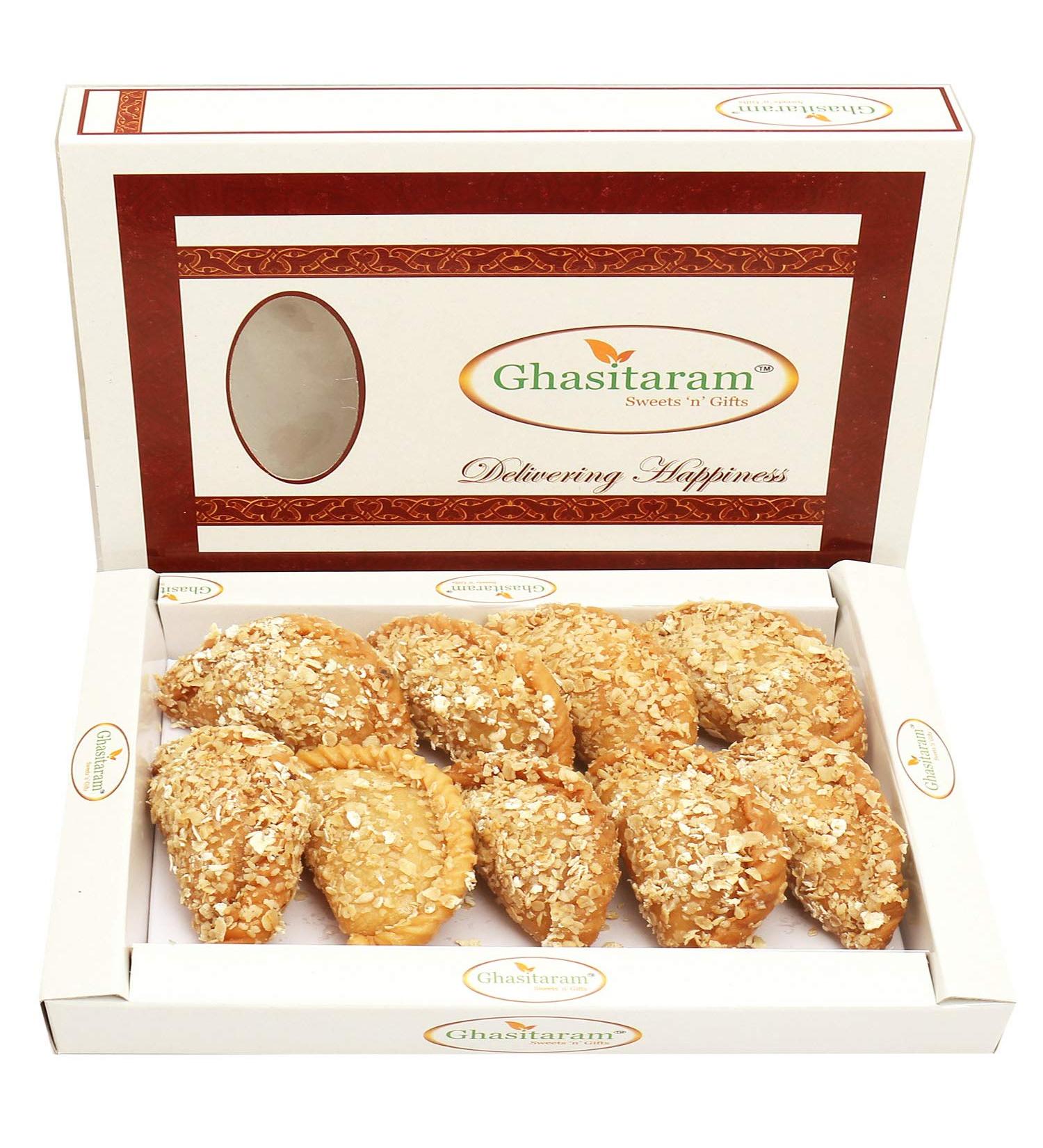 Ghasitaram Gifts Holi Sweets Holi Gifts Holi Hamper Roasted Oats Gujiya 400 GMS - Buy Online on GoSupps.com