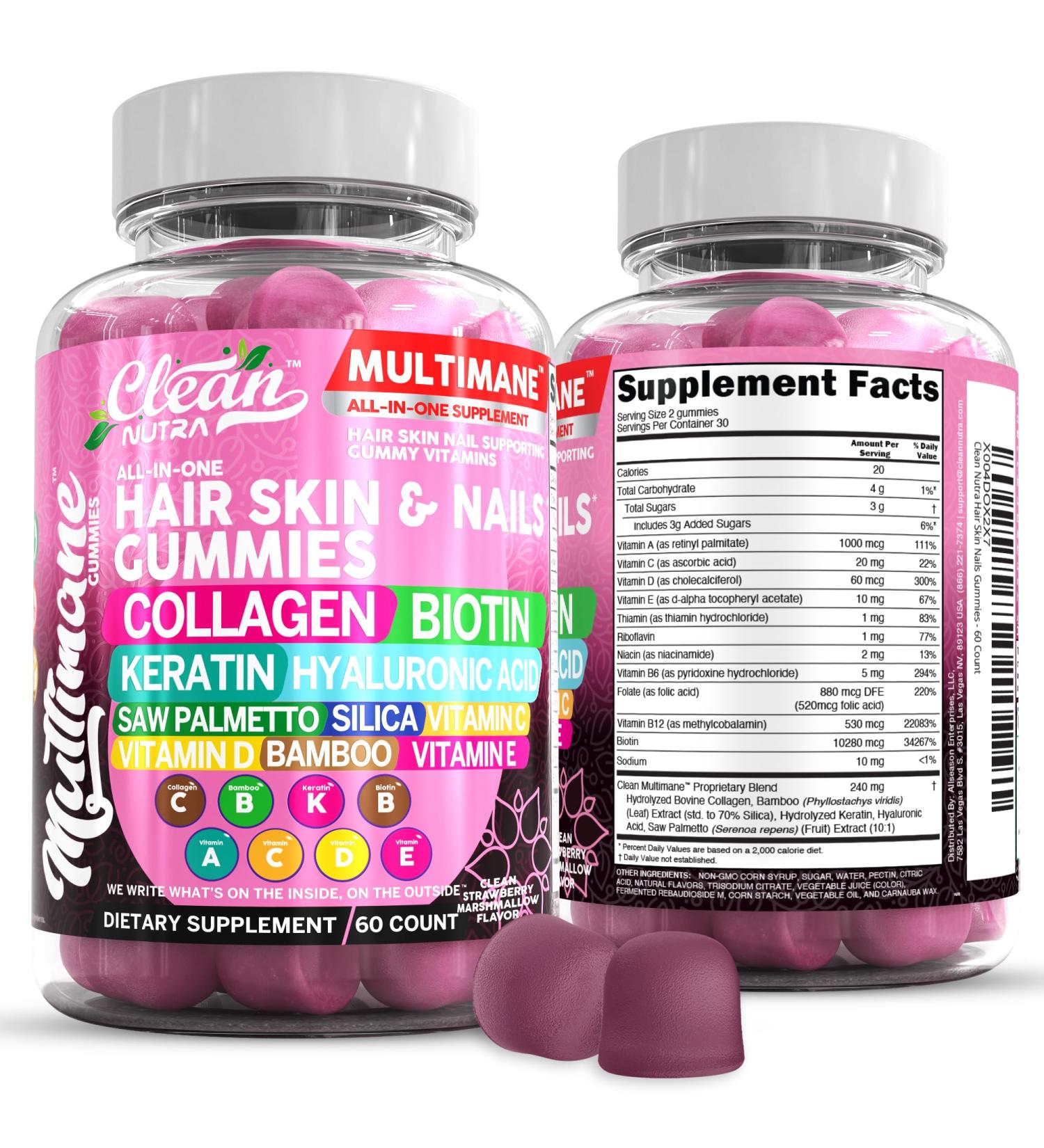 Clean Nutraceuticals Biotin Collagen Keratin Gummies | Hair Skin and Nails Vitamins for Women | Hyaluronic Acid Bamboo Vitamin A C D3 E Folate with Saw Palmetto Silica B3 B12 Vegan Gummy - Buy Online on GoSupps.com