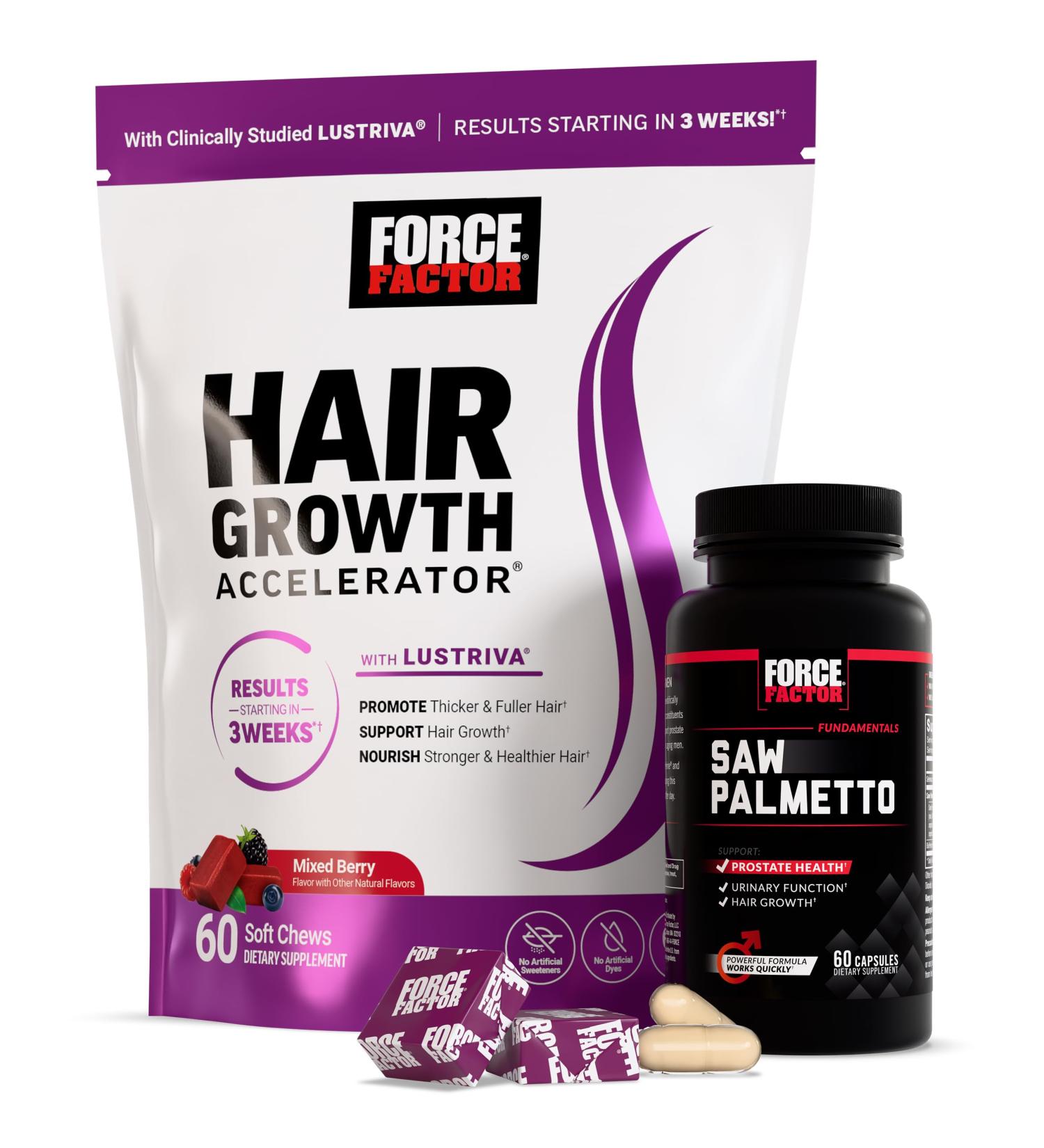 Force Factor Hair Growth Accelerator Soft Chews Hair Growth Vitamins for Women and Men with Clinically Studied Lustriva and Biotin Promotes Thicker Fuller Stronger Hair + Saw Palmetto - Buy Online on GoSupps.com
