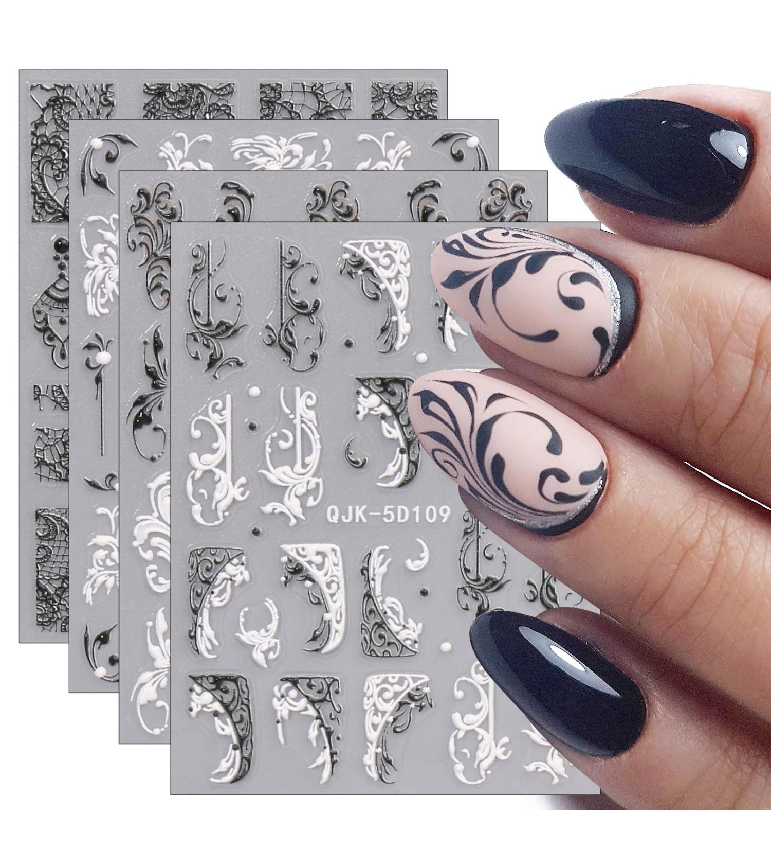 JMEOWIO 3D Flower Nail Art Stickers | Black & White Self-Adhesive Decals | 4 Sheets of 5D Lace & Leaves Design Accessories - Buy Online on GoSupps.com