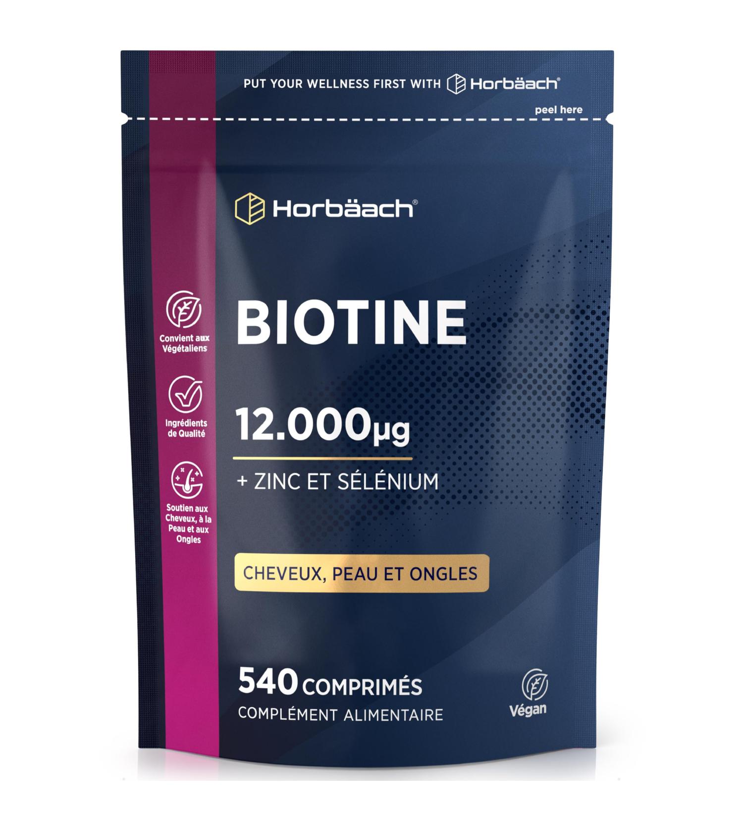 Biotine 12000 mcg Extra Fort | 540 Comprim s Vegan | Complexe Avec Zinc et S l nium | Compl ment Alimentaire Pour Cheveux Peau Ongles | Vitamin B7 Hair Skin and Nails | Horbaach - Buy Online on GoSupps.com