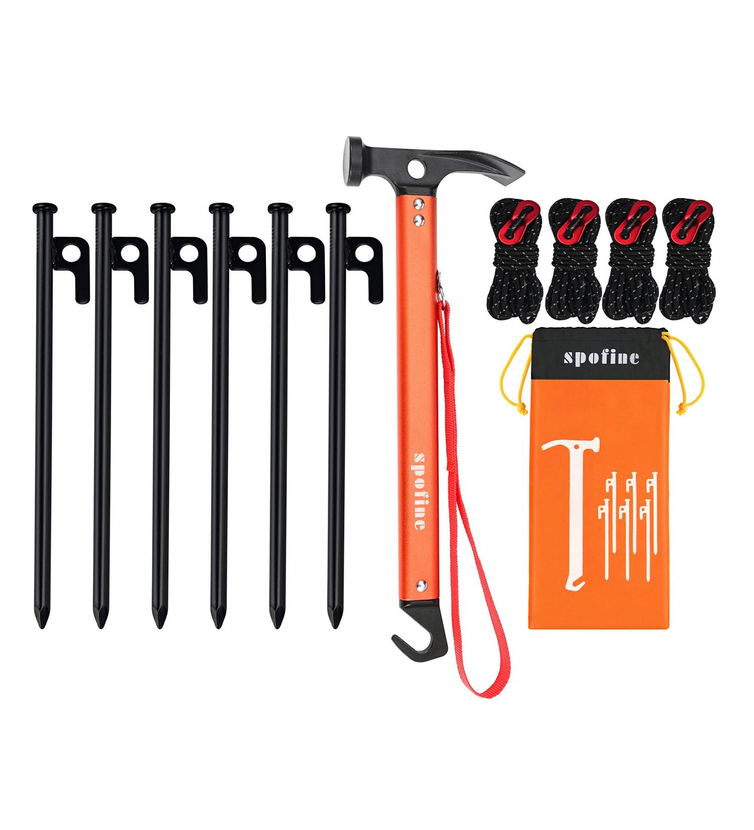 SPOFINE 6pcs Heavy Duty Tent Stakes with Hammer, Reflective Ropes, & Storage Bag - Camping Accessories Kit for Hiking, Backpacking - Orange+Black - Buy Online on GoSupps.com
