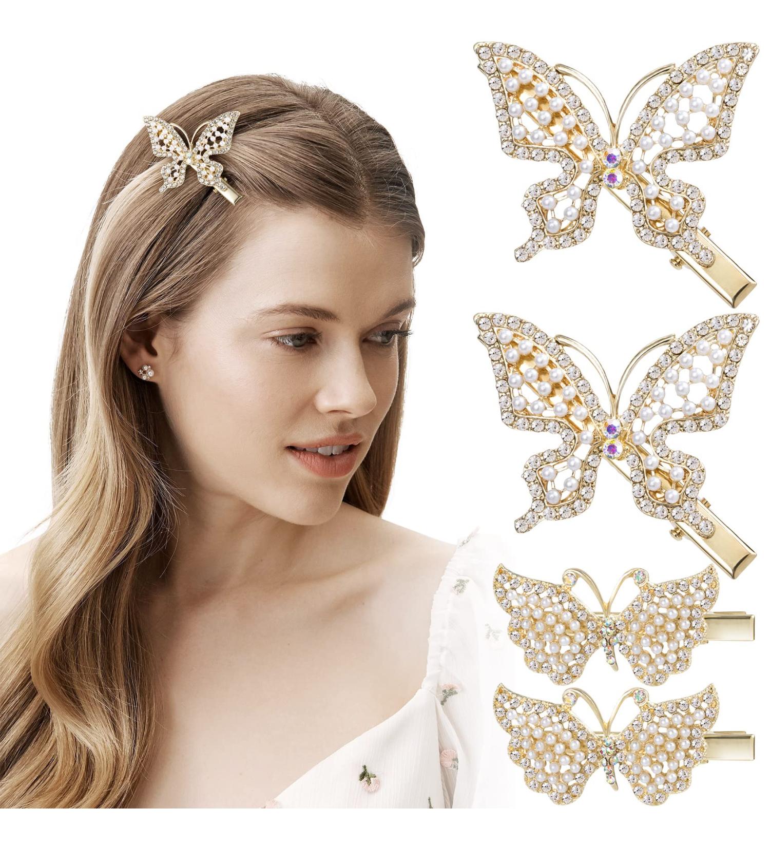 OIIKI 4PCS Butterfly Hair Clips | Pearl Rhinestones Hair Pins | Gold Hair Barrettes for Women, Girls, Brides - Buy Online on GoSupps.com