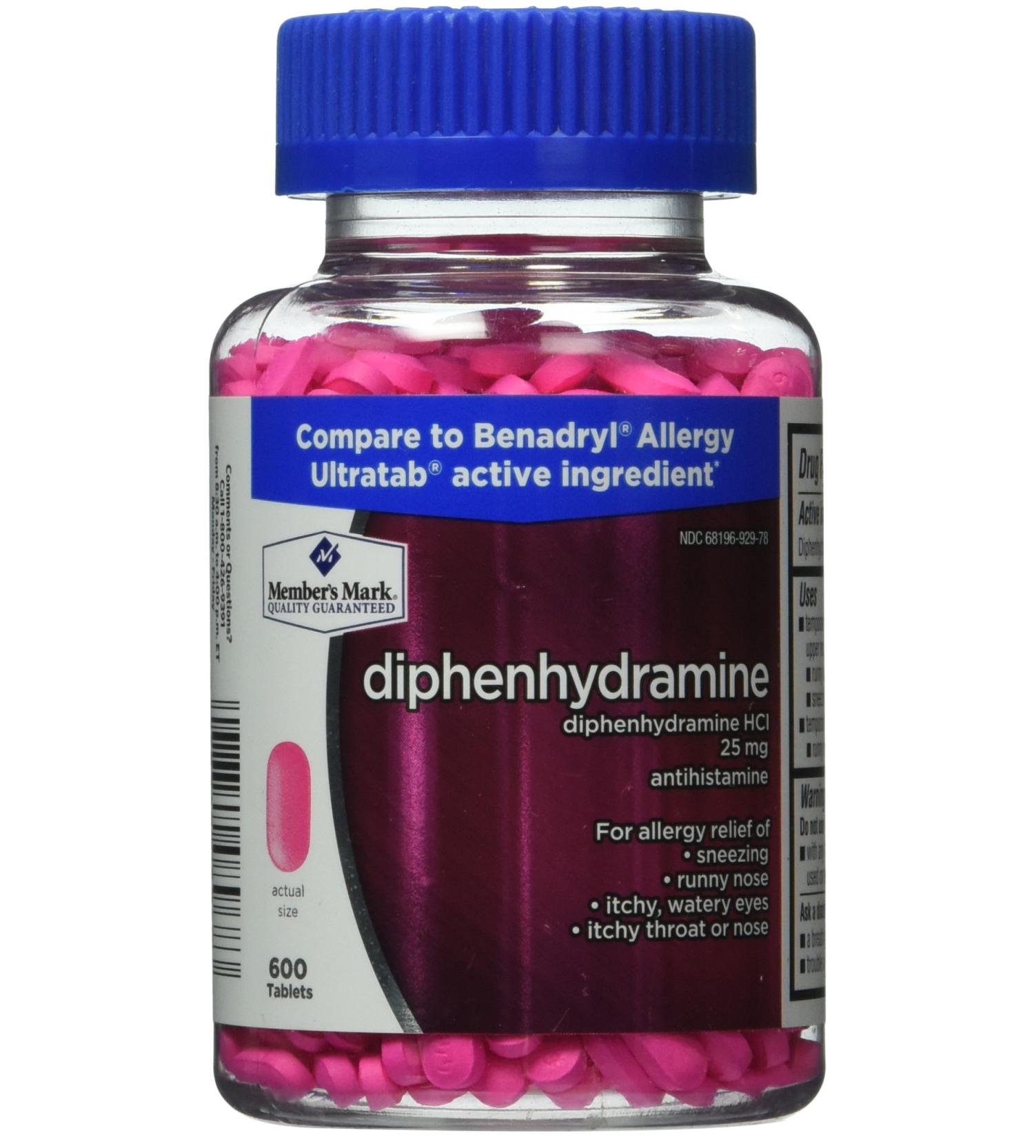 Member's Mark Diphenhydramine HCl 25mg Antihistamine Allergy Relief (1 Bottle (600 Tablets))