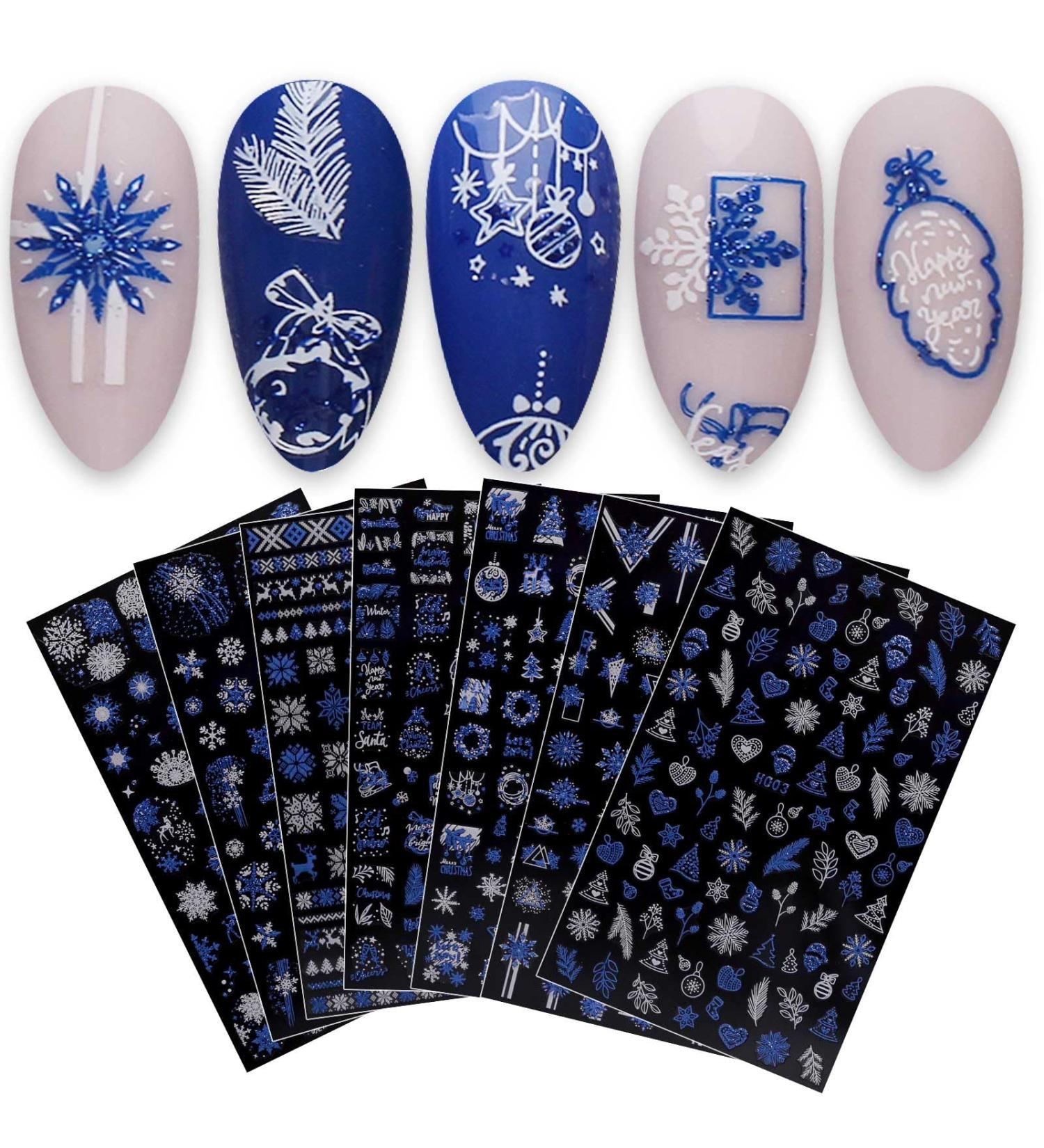 JMEOWIO Christmas Glitter Nail Art Stickers - 8 Sheets Snowflake Xmas Winter Holiday Design in Blue & White - Buy Online on GoSupps.com