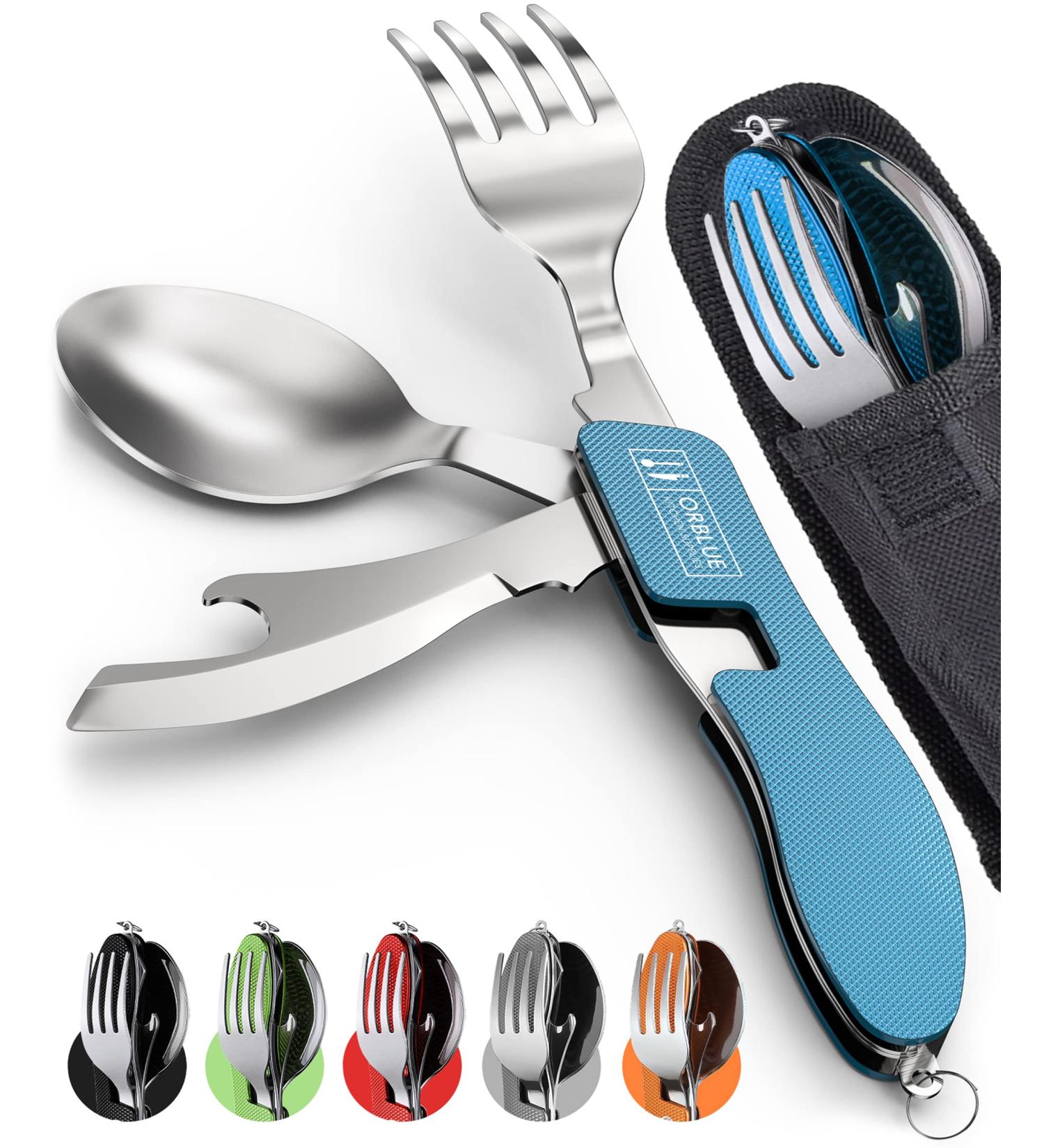 Orblue 4-in-1 Camping Utensils 2-Pack - Stainless Steel Spoon, Fork, Knife & Bottle Opener Combo Set for Travel - Blue Ultramarine Blue - Buy Online on GoSupps.com