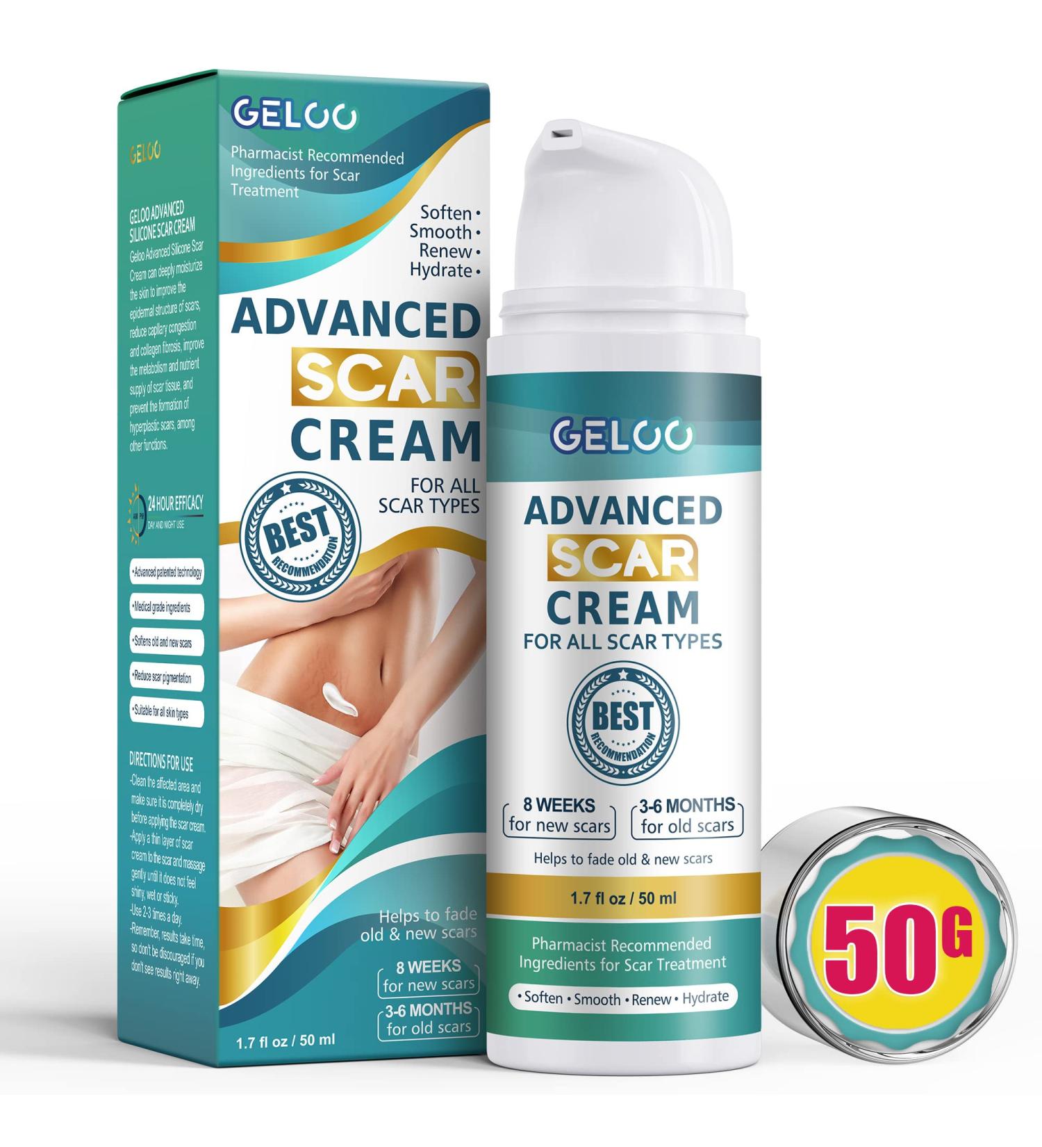 Geloo Advanced Scar Cream Gel 50g - Silicone Gel for Scar Treatment - For Face & Body, Surgical Scars, Stretch Marks, Acne, Keloids, Burns - 1.7 oz - Buy Online on GoSupps.com