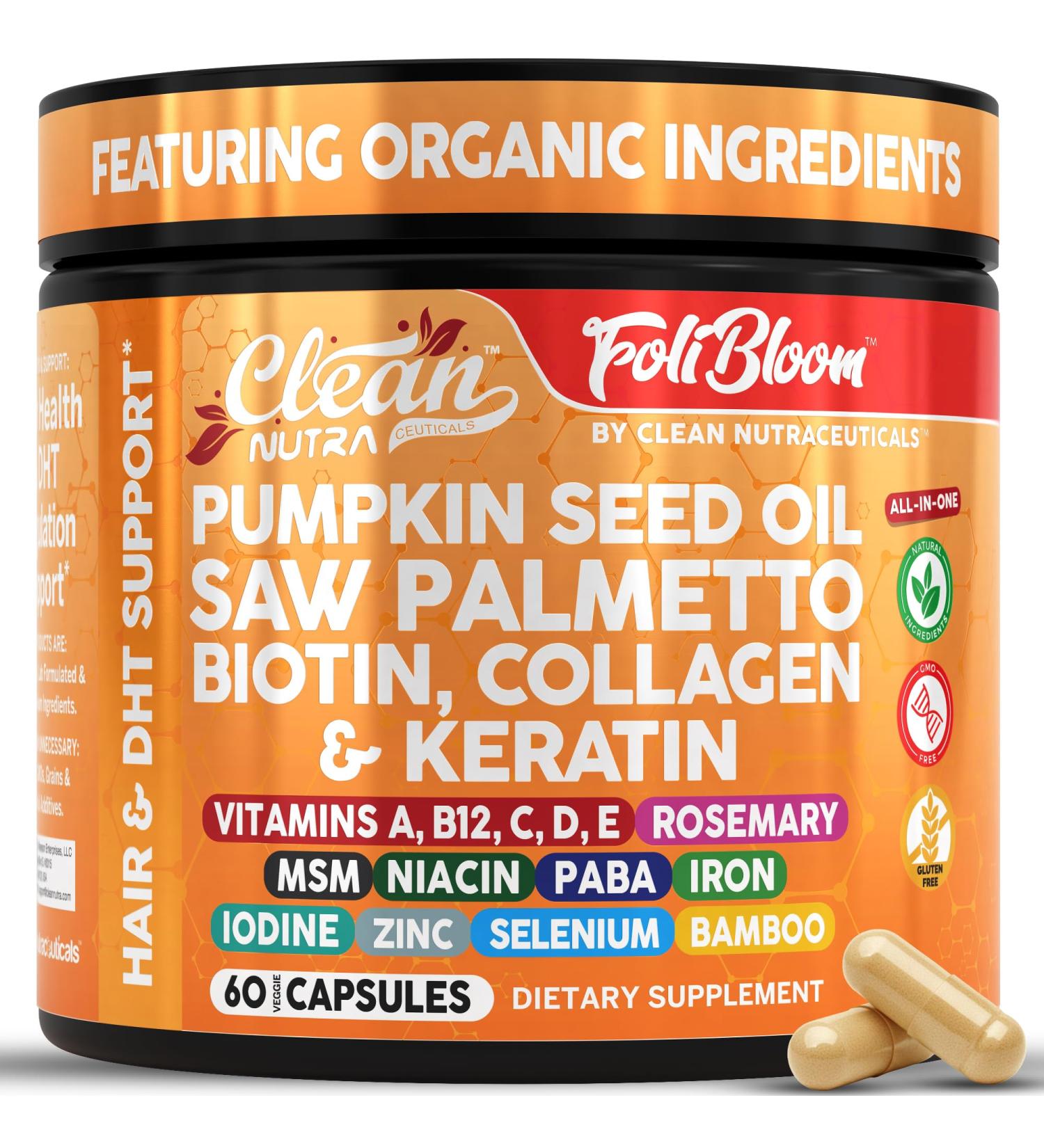 Clean Nutra Pumpkin Seed Oil Capsules + Saw Palmetto Biotin Collagen Keratin MSM Folate Hyaluronic Acid Supplements B12 Zinc Hair Supplement for Women Men Iodine 5-MTHF B-12 Vitamin B9-60 Pills - Buy Online on GoSupps.com