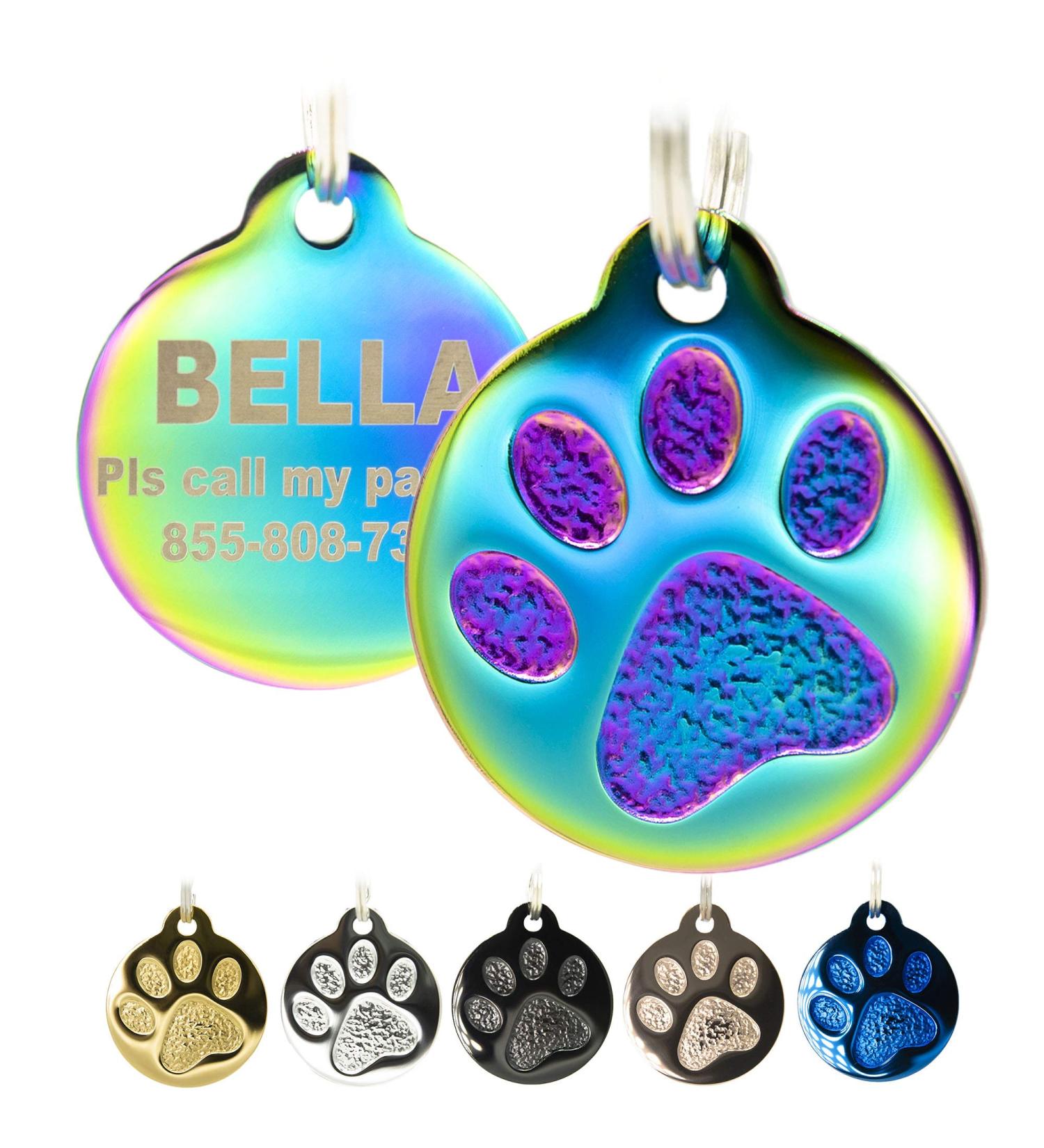 Custom Engraved Round Paw Print Cat Tags in Stainless Steel - Personalized ID with 4 Lines - Gold, Rose Gold, Blue, Black, Nebula Options - Buy Online on GoSupps.com