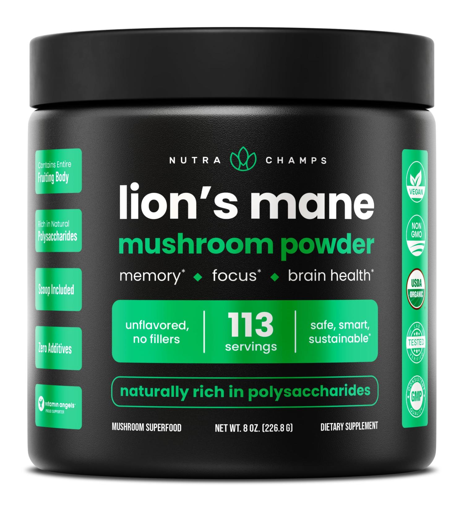 NutraChamps Organic Lions Mane Powder - 2000mg Powerful Nootropic for Memory, Focus, Immune Support - Vegan Lion s Mane Mushroom Powder Supplement with Naturally Occurring Beta-Glucans - 8oz - Buy Online on GoSupps.com