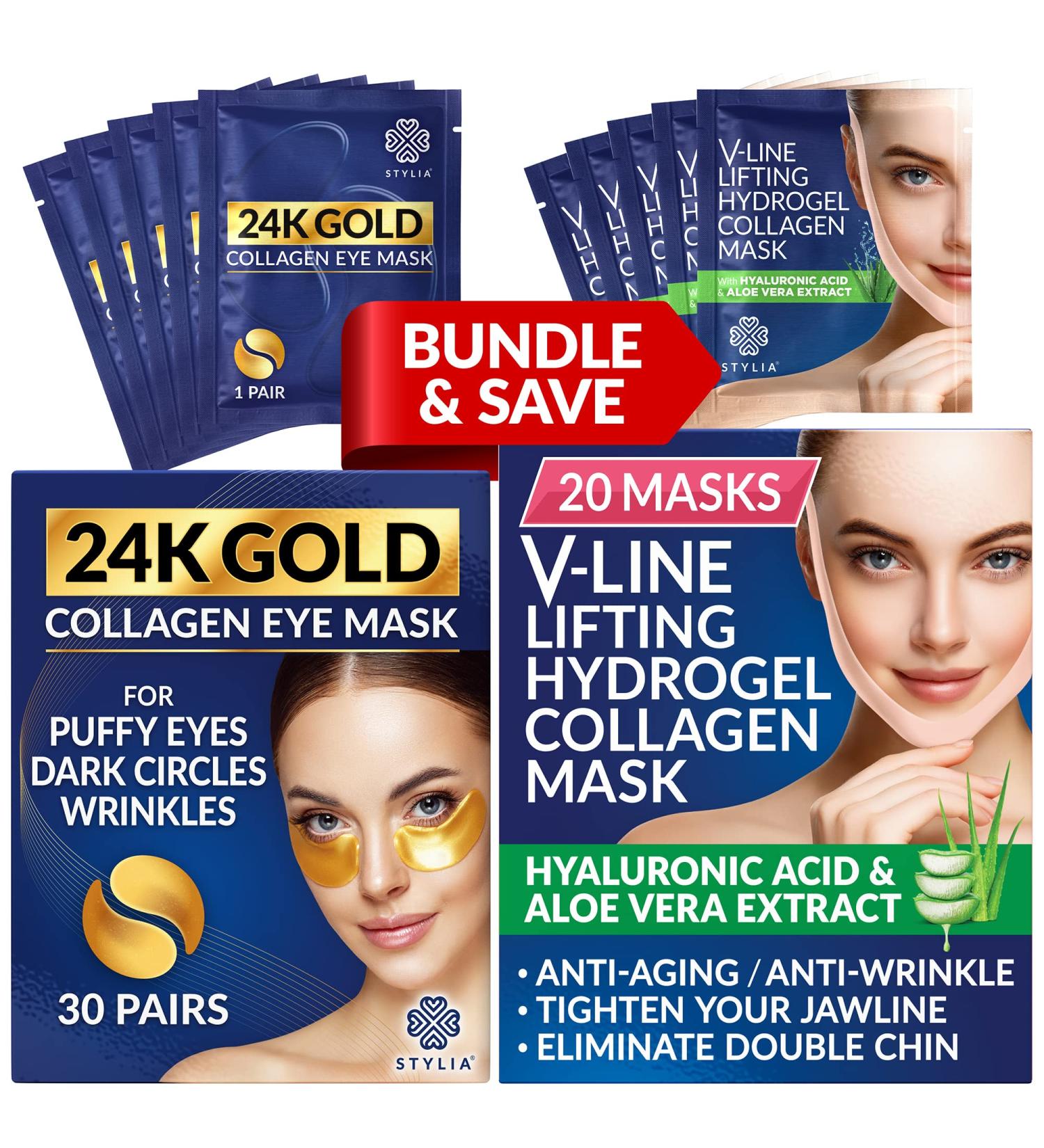 Stylia 30PC 24K Gold Under Eye Masks + 20 Chin Masks - Hydrating Skincare Set - Buy Online on GoSupps.com