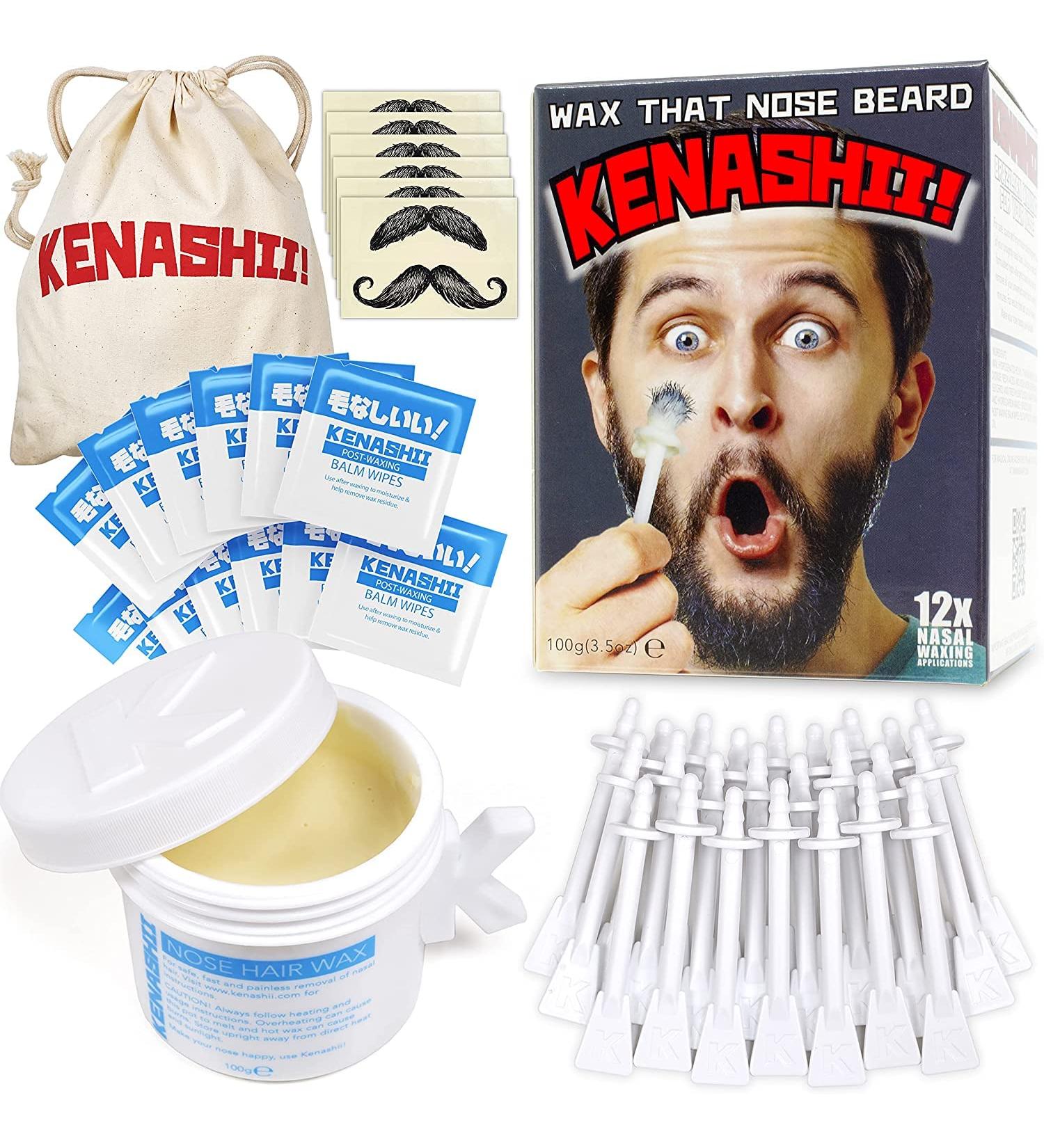 Kenashii Nose Wax Kit - 100g Wax, 24 Applicators | Nose Hair Removal for Men and Women | 12 Applications + Balm Wipes + Mustache Guards - Buy Online on GoSupps.com