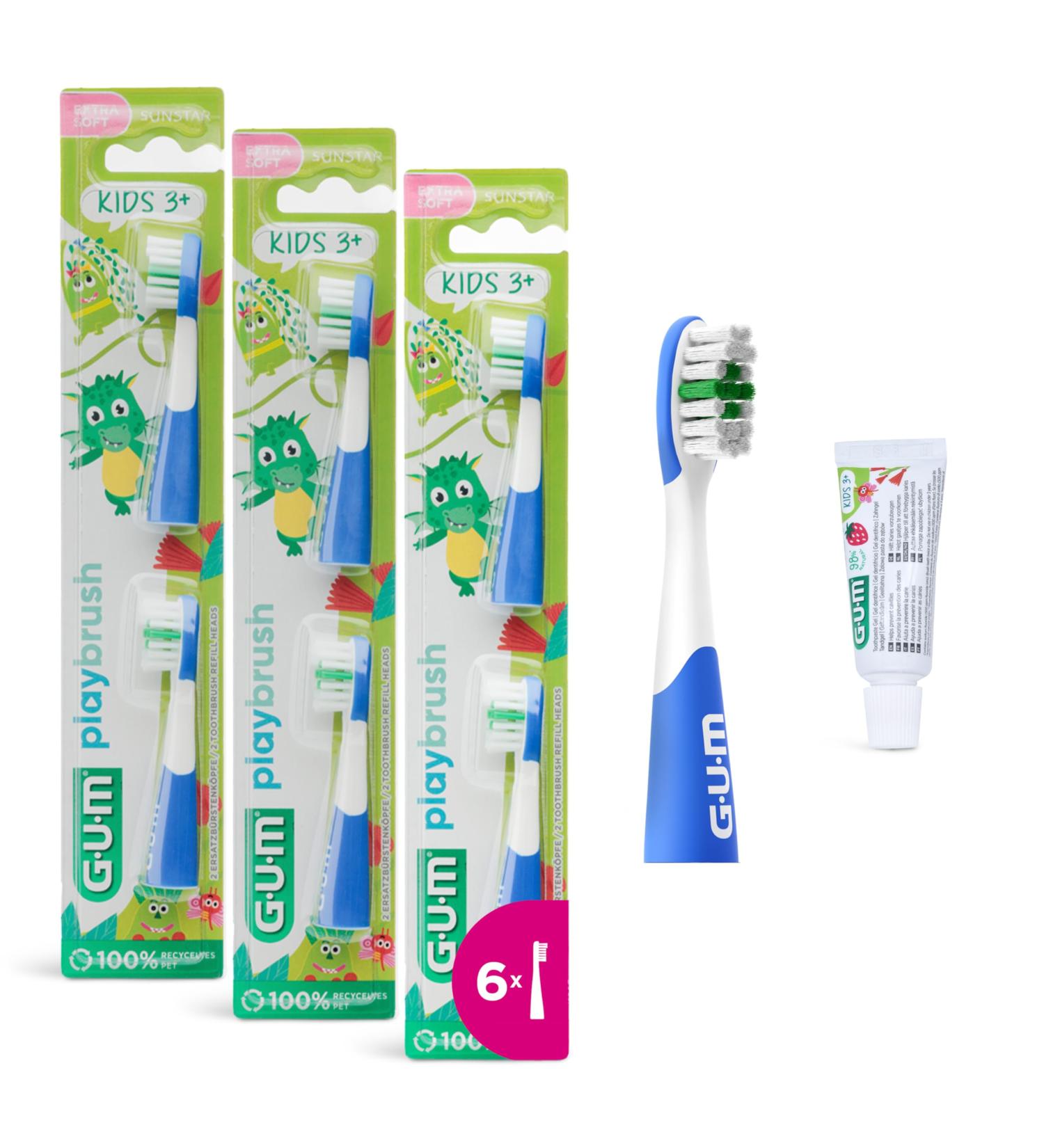 GUM Playbrush Kids 3+ Brush Heads | Compatible with GUM Playbrush Electric Toothbrush | Extra Soft Bristles | Small Head | 3x - Buy Online on GoSupps.com