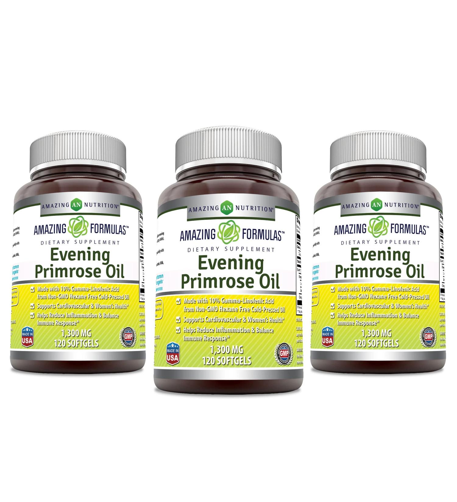 Amazing Formulas Evening Primrose Oil 1300 Mg 10% GLA 120 Softgels - Hexane Free Cold Pressed Oil -Supports Cardiovascular Function and Women's Health (120 Count (3 Pack)) 1 Count (Pack of 1)