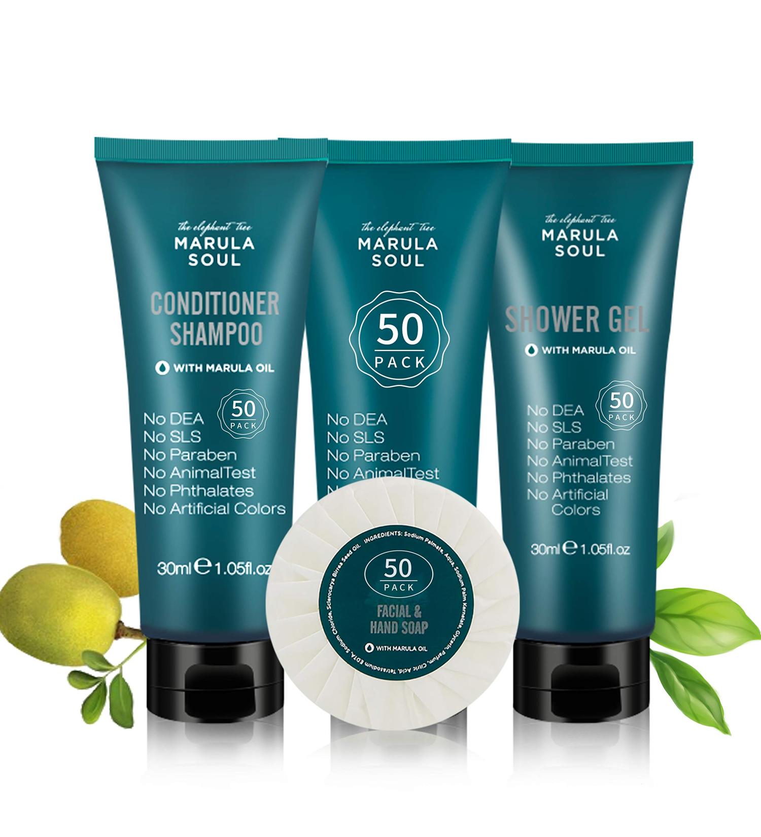 OPPEAL Marula Soul Travel Size Toiletries Set | Conditioning Shampoo, Body Wash, Facial Soap | Ambergris Scent | 1oz Each | 150 Pcs Bulk Pack - Buy Online on GoSupps.com