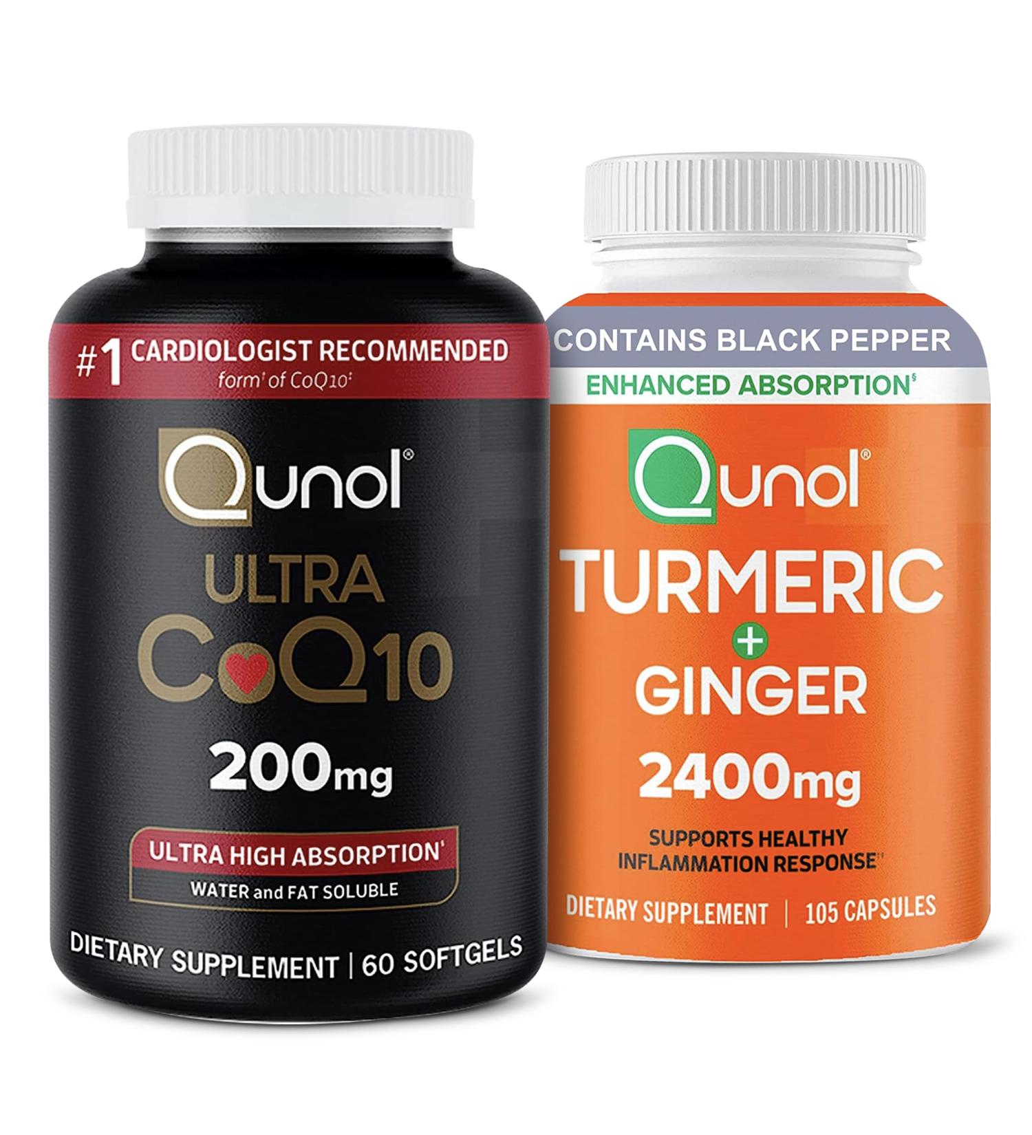 Qunol CoQ10 & Turmeric: CoQ10 200mg 60 Softgels & Turmeric Curcumin 2400mg 105 Capsules Unflavored 60 Count & 105 Count - Buy Online on GoSupps.com